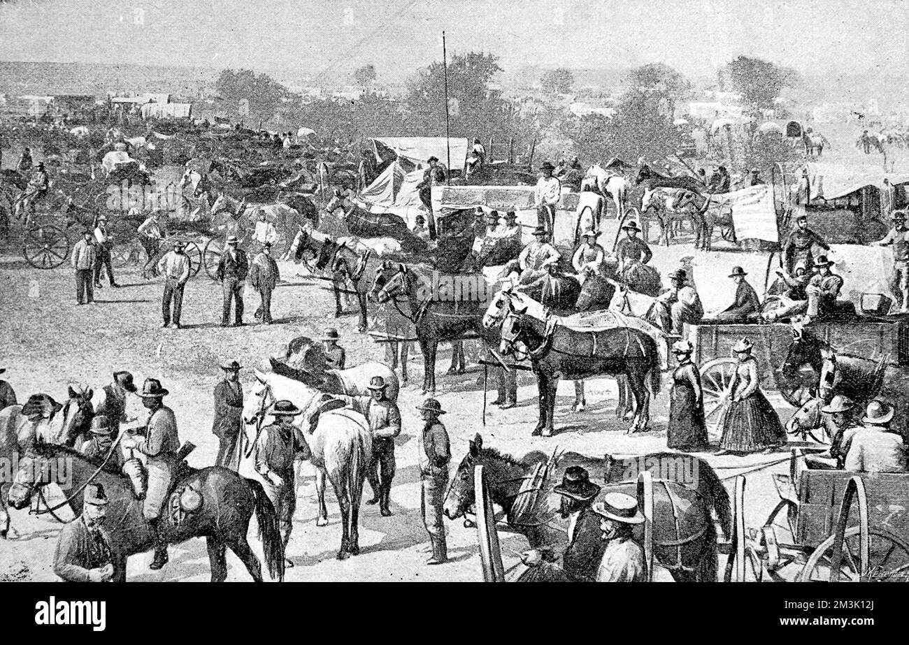 Once the Cherokee Indians had been taken off their lands, a land rush was organised where settlers would race to take possession of the land, sometimes shooting rivals in the process. This is the first of 2 pictures showing the crowd before the land rush.     Date: 1893 Stock Photo