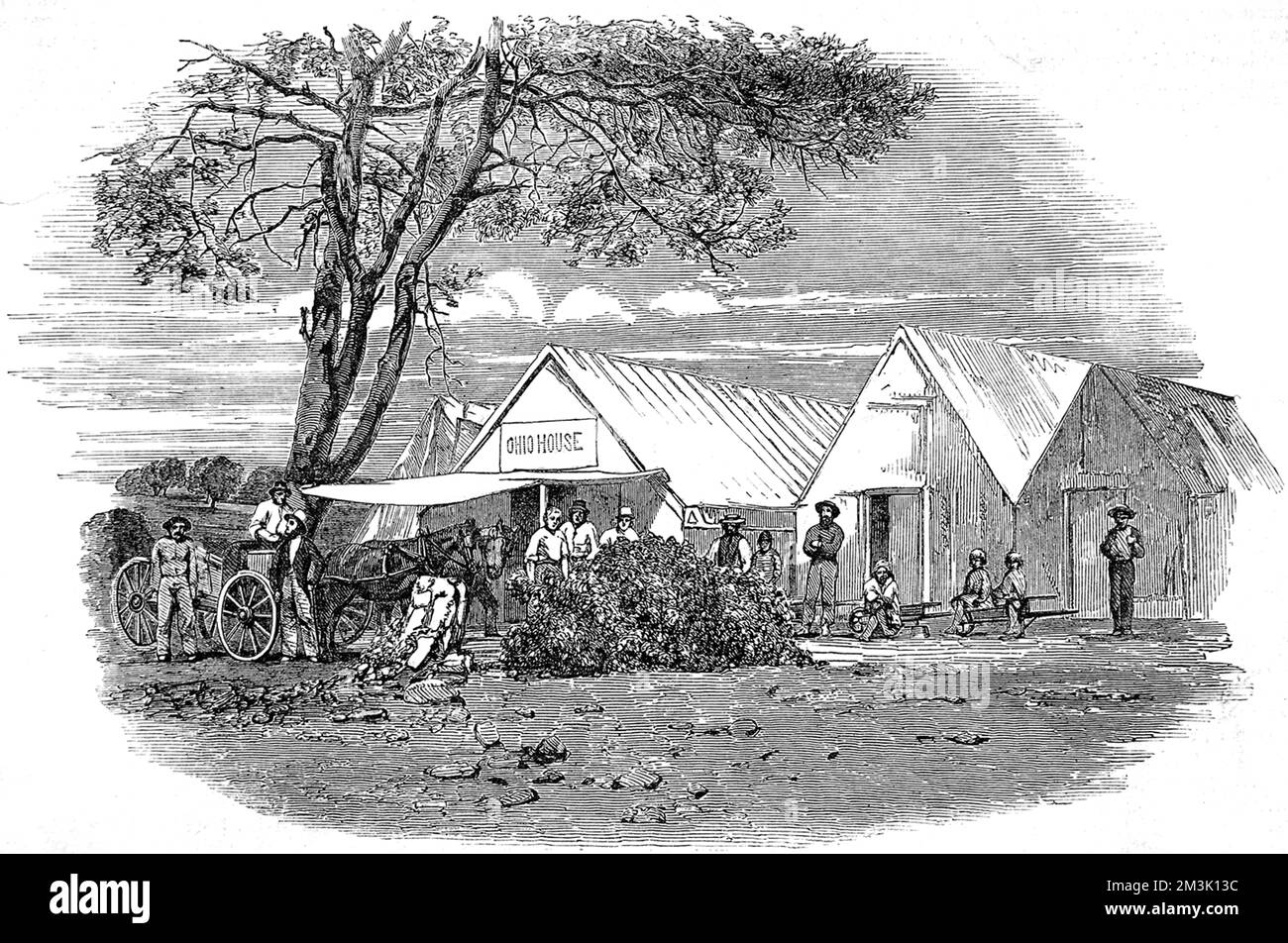 The town of Sicard was set up on the banks of the Yuba by an old provencal sailor called Sicard, one of the first successful gold miners in the region. It contained 200 houses at this time and hotels , cafes and a playhouse.     Date: 1853 Stock Photo