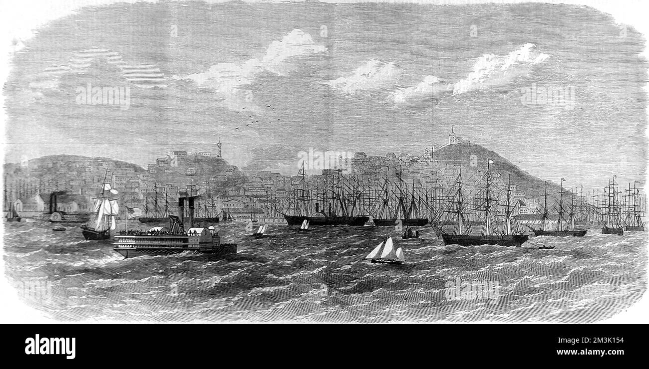 By 1868, 20 years after the gold rush, San Francisco has grown to be a thriving metropolis with 70-80,000 inhabitants.     Date: 1868 Stock Photo