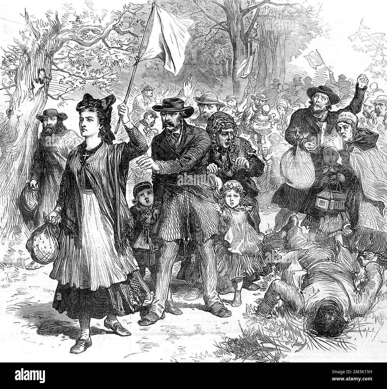 Families rushing to escape Metz, at the front of the crowd is a traditionally dressed woman, in head dress and dirndl skirt, holding a white flag. An injured or dead man is lying at the side of the road still holding his travelling bag. The French surrendered on October 27th 1870 at Metz, following the Battle of Sedan.     Date: 1870 Stock Photo
