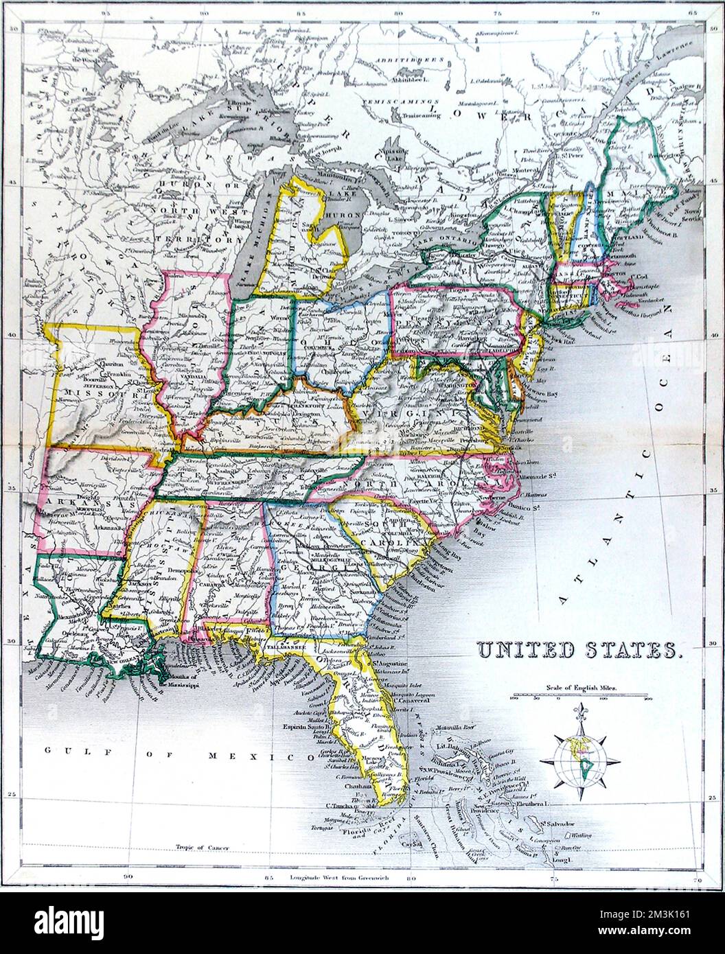 Printed Map of the United States by James Gilbert with coloured watercolour markings delineating individual states.     Date: 1846 Stock Photo