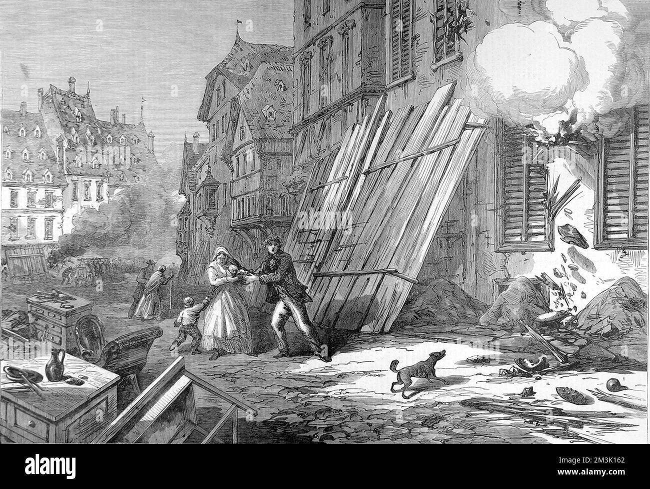 Between August the 4th and 6th 1870 Crown Prince Frederick of Prussia defeated French Marshal MacMahon at Worth and Weissenburg, pushing him out of Alsace and surrounding Strasbourg. This scene at Strasbourg of damaged buildings and families under fire vividly captures the impact of the war on ordinary people.     Date: 1870 Stock Photo