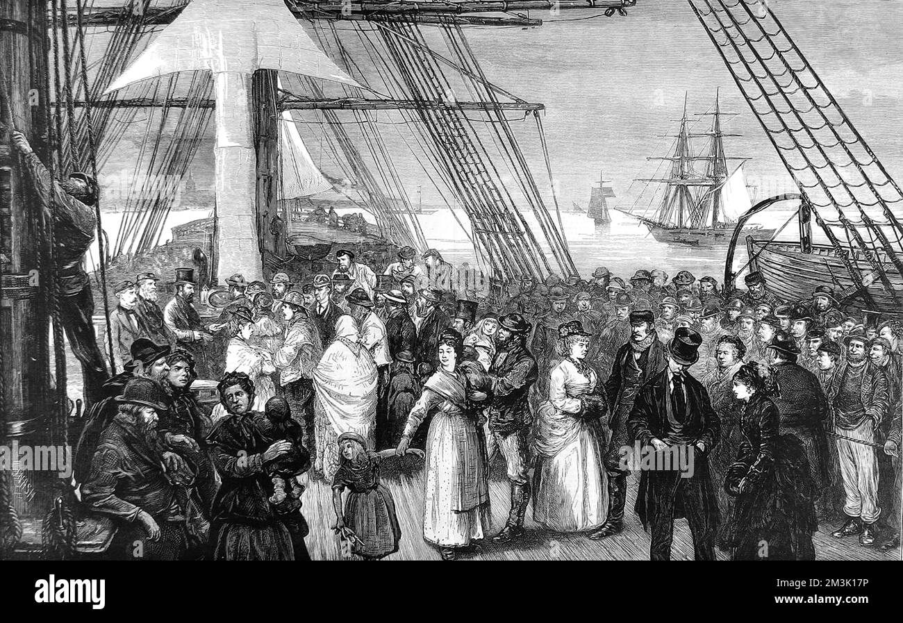 The deck of an emigrant ship, bound for America, off the coast of Kent, 1875.  All classes of passenger are evident here with well dressed middle class ladies and gentlemen, steerage passengers from the working classes and the crew framing the scene. Stock Photo