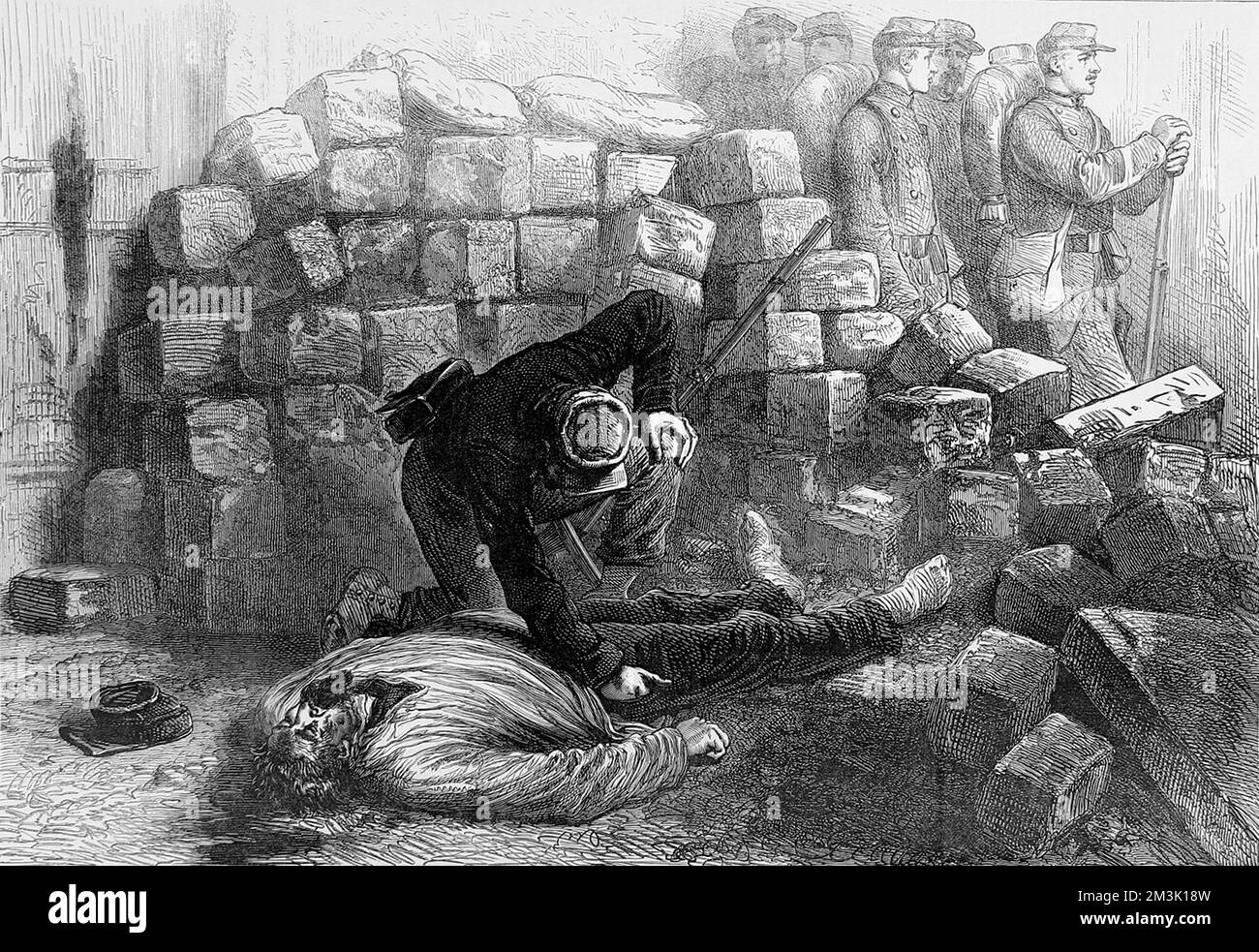 A soldier searching a corpse for coins to place over the dead man's eyes, during the Paris Commune. Stock Photo