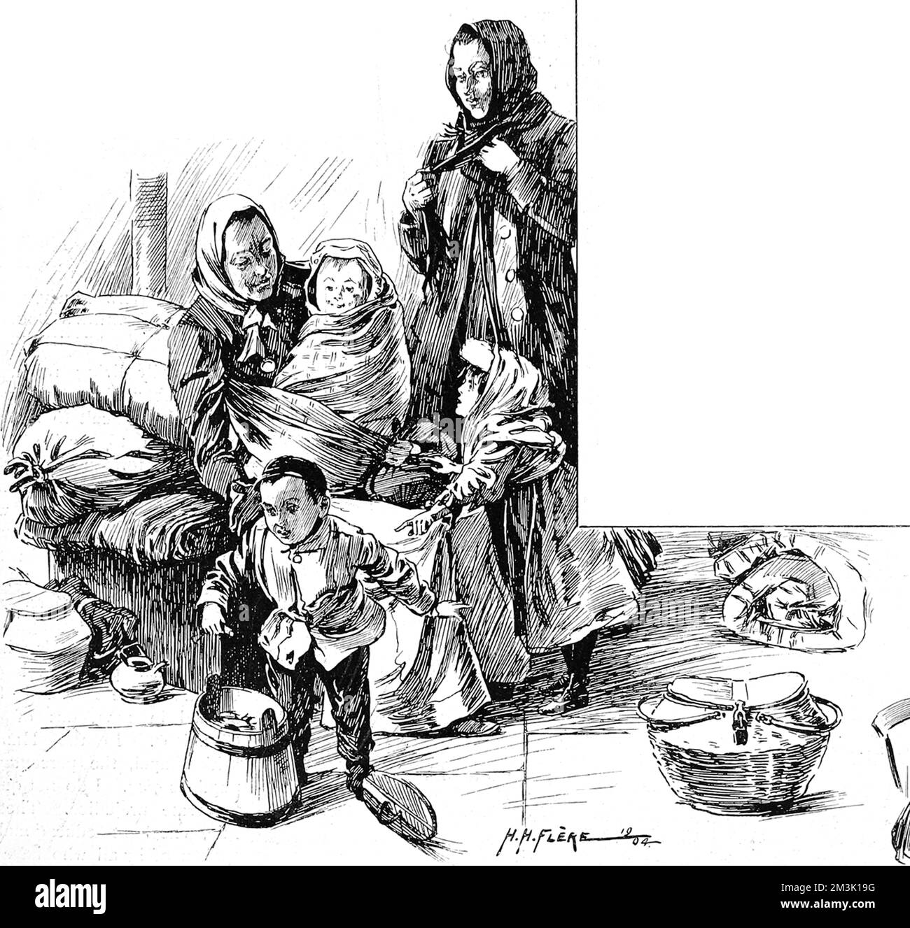A family of Jewish immigrants, a grandmother, mother and three children in the East End of London. One little boy is shown playing with a butter churn, whilst the baby sits smiling on its grandmother's knee.  This engraving was part of an article in the Illustrated London News entitled 'The Alien in England: Scenes of the Foreign Invasion of the East End of London'. Stock Photo