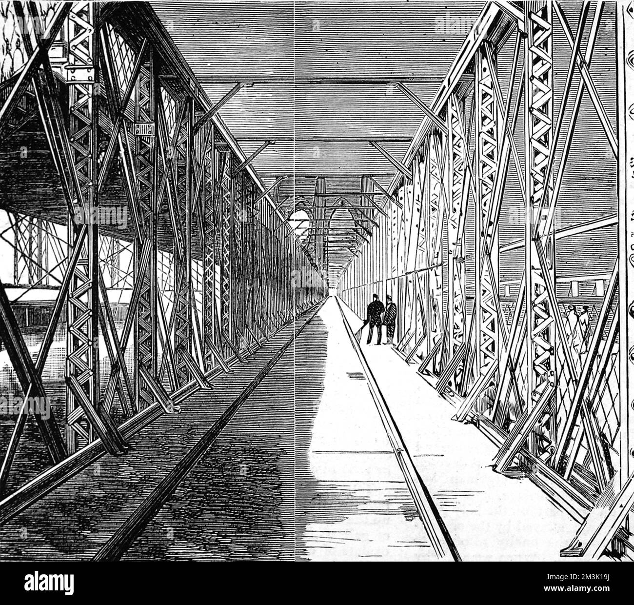 Engraving showing the railway line across the then-newly built Brooklyn Bridge, New York, 1883.     Date: 1883 Stock Photo