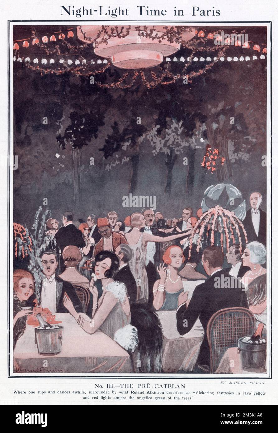The interior of the chic Parisian night-club, the 'Pre-Catelan'.  Ladies and gentlemen, in formal evening attire, are shown dining and dancing against a backdrop of trees. Stock Photo