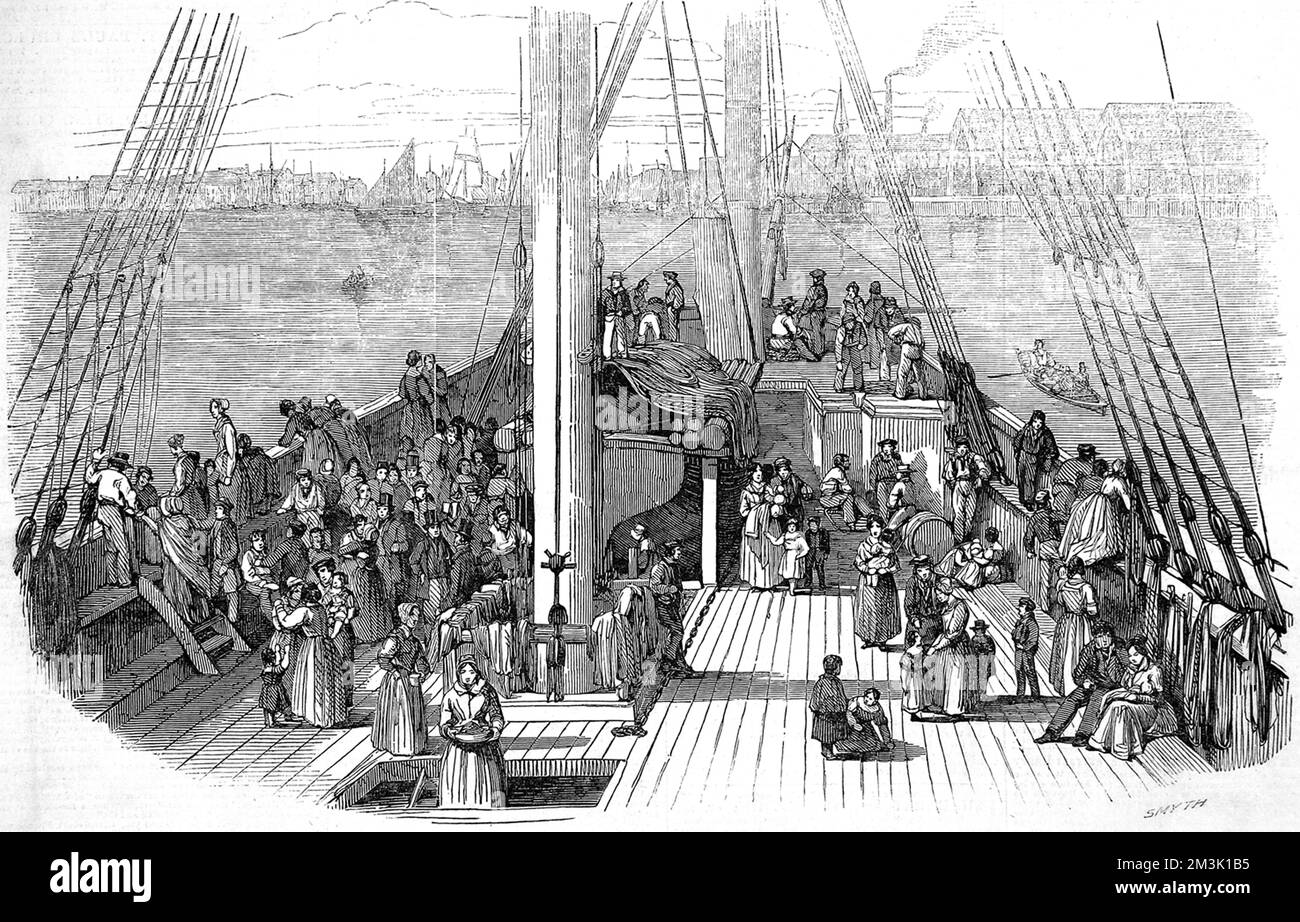 Passengers on the deck of the 'Artemisia' leaning over the side, as the boat leaves a British harbour bound for Australia, 1848.  1848 Stock Photo