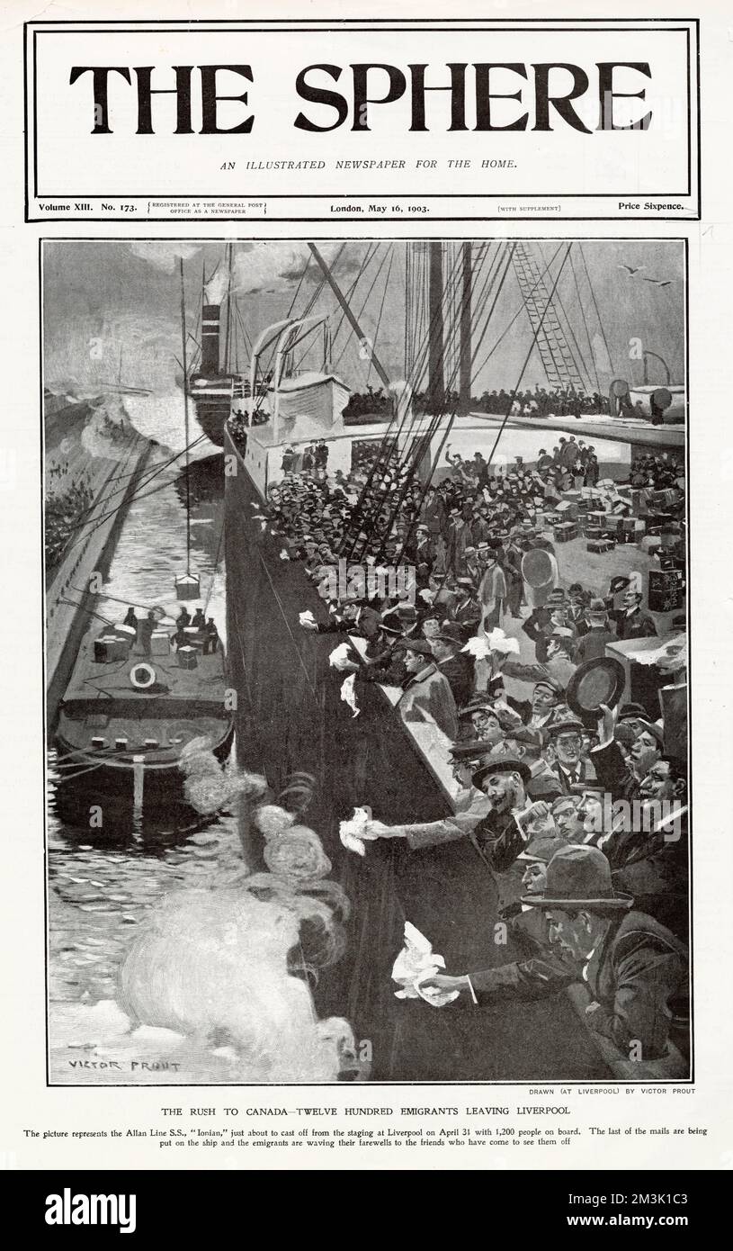 The Allan liner, SS 'Ionian', leaving Liverpool Docks for the trans-Atlantic voyage to Canada, .   Twelve hundred passengers were on board - the majority of them emigrants. The illustration shows the men on board, waving farewell with hats and handkerchiefs. Stock Photo