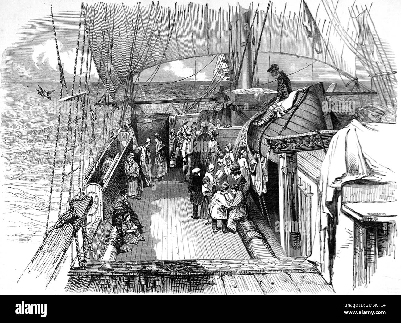 Emigrants on the deck of their ship, at sea, 1849. A group of children