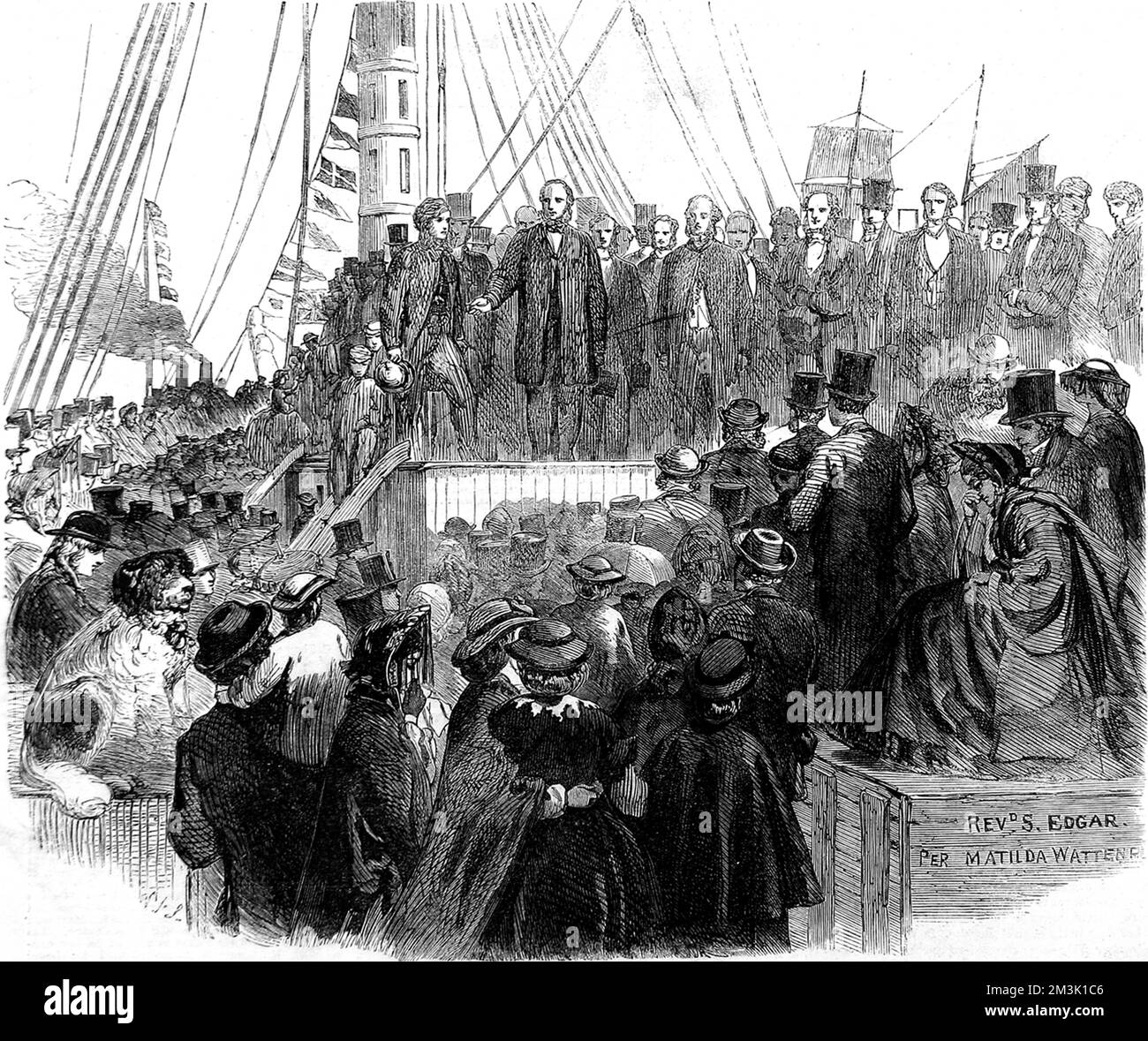 Emigrants on board the 'Matilda Wattenbach', as their ship heads down the River Thames on the journey to New Zealand, 1862.   These emigrants, 800 non-conformists from London, were heading for the then-new colony of Albertland, New Zealand.  1862 Stock Photo