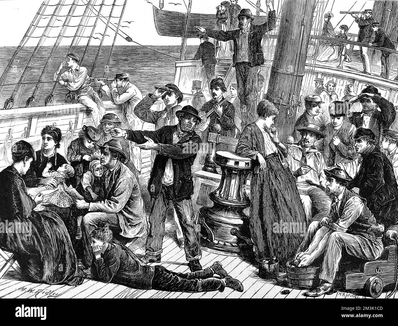 A scene on the deck of an emigrant ship, as the passengers sight land. In the foreground a lady is sewing and a family with very young children look anxiously towards land. Sailors are using telescopes to confirm the sighting of land, whilst musicians are playing the banjo and the violin. Stock Photo