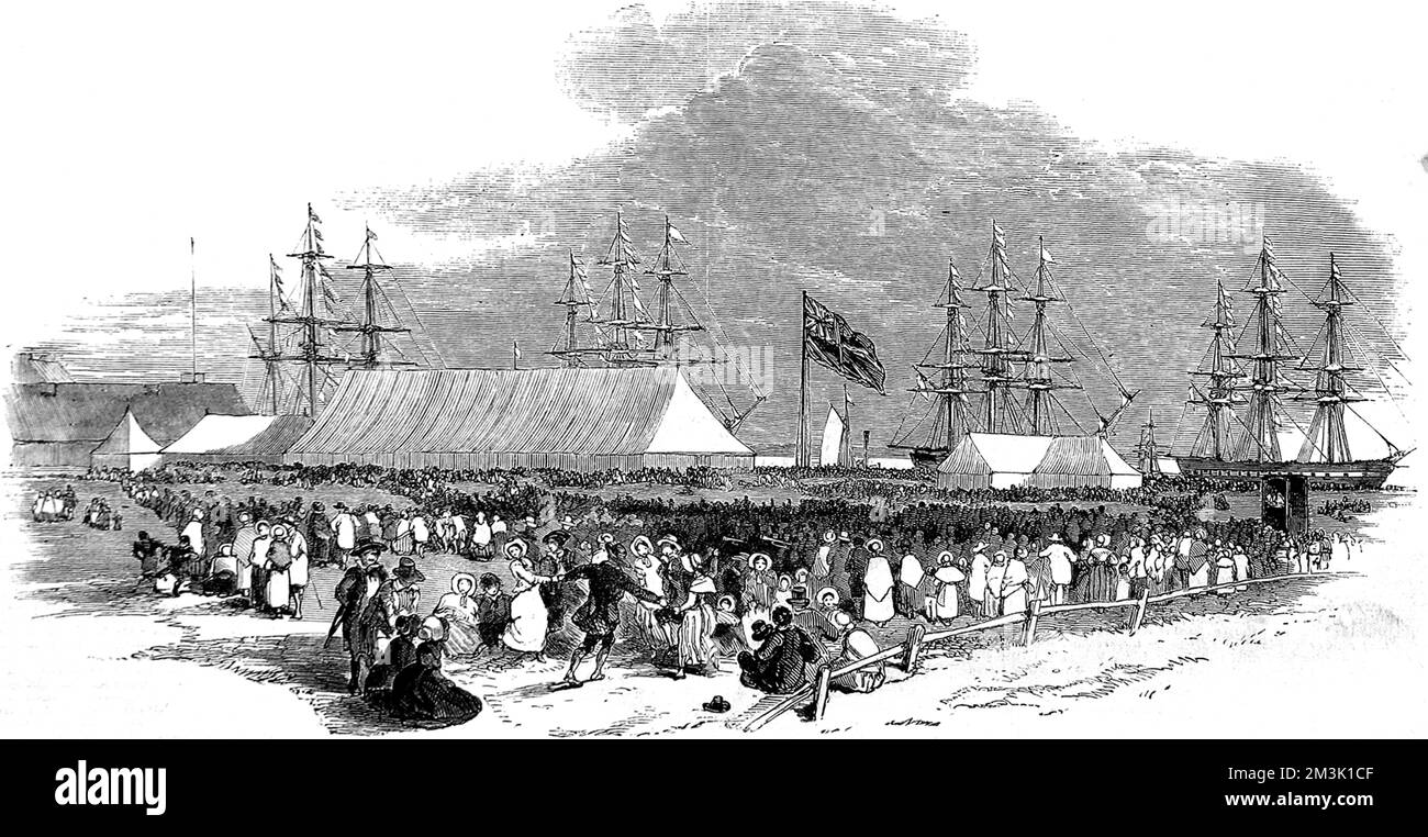 British emigrants and their ships who set out to settle in Canterbury, New Zealand.  September 1850 Stock Photo