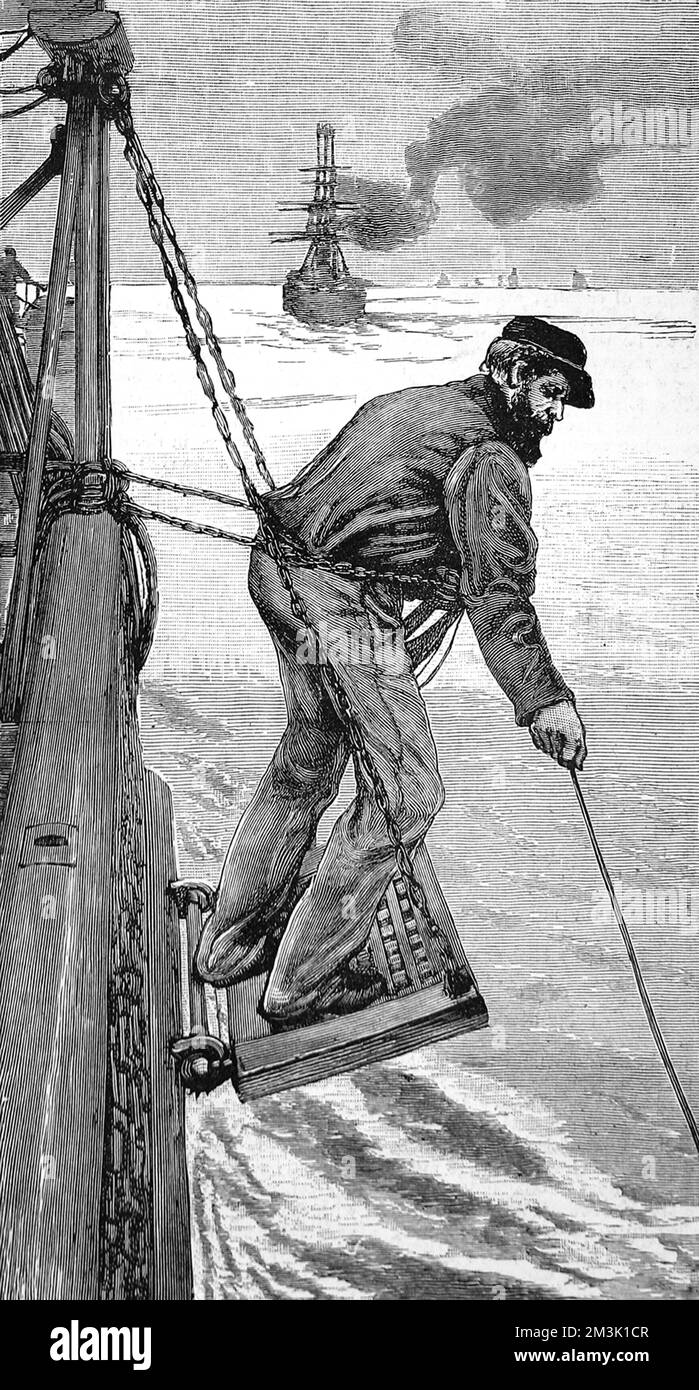 Engraving showing a seaman, on the side of an emigrant ship, heaving the lead to check the depth of the water with a plumb line, 1884.     Date: 1884 Stock Photo