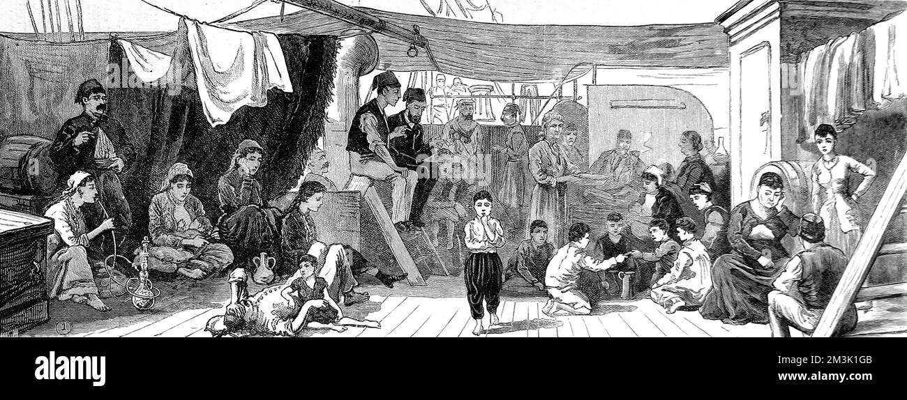 Engraving of the passengers on board the ship 'North Britain' fleeing from Egypt, 1882.    This engraving shows children playing cards and a lady in eastern dress smoking a hookah.  The passengers are poorly dressed and look dejected.     Date: 1882 Stock Photo