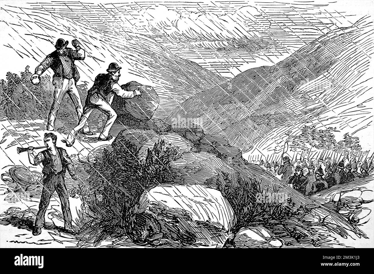 Engraving showing several poor Irish farmers preparing to attack an eviction party with boulders, Ireland, 1887.    Absentee landlords evicted tenant farmers who could not pay their rent during the agricultural depression in Ireland.  The farmers who could afford to emigrated, those who couldn't died or resorted to violence to try and keep the land.     Date: 1887 Stock Photo