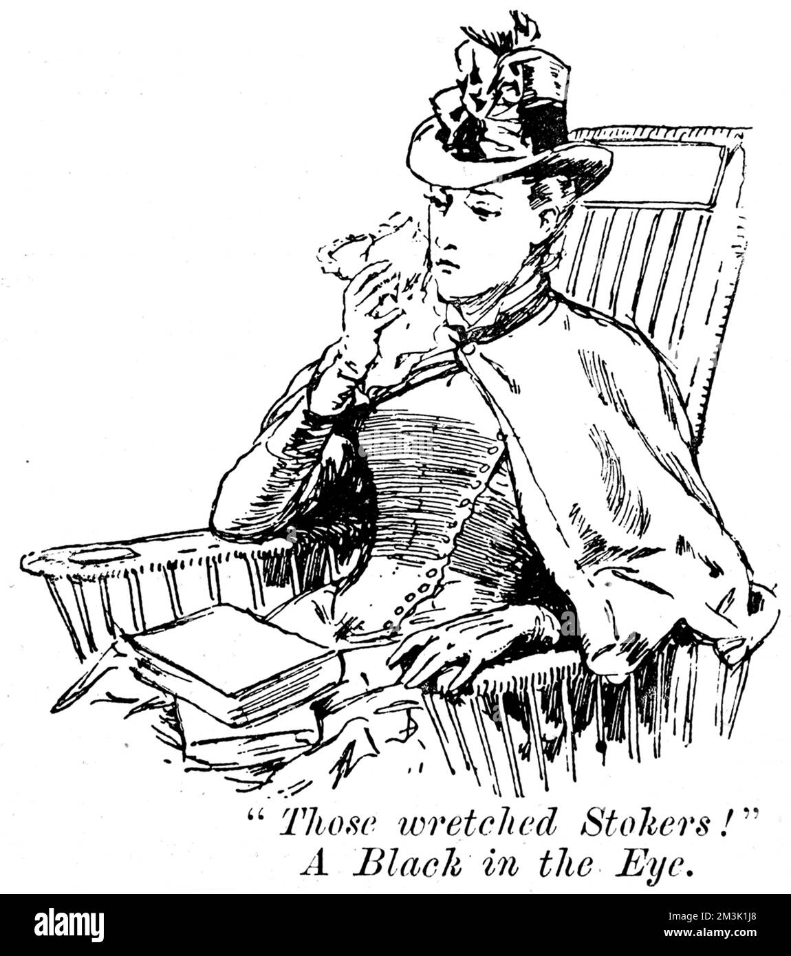Illustration showing a female passenger on the trans-Atlantic steamship 'Moselle', relaxing on her deckchair with a book, 1888.      Dressed in the height of fashion, with an elaborate hat, the woman appears to have received a small piece of debris in the eye, hence the original caption: 'Those wretched stokers, A Black in the Eye'.     Date: 1888 Stock Photo