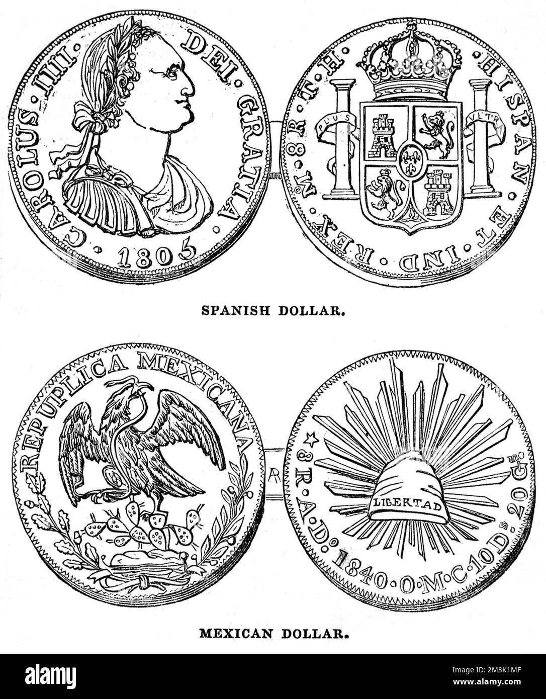 Coin held in the Bank of England's vaults. Early nineteenth centure Spanish and Mexican dollars, the spanish is known as the pillar dollar of Charles IV, the mexican is known as the eagle dollar.  1845 Stock Photo