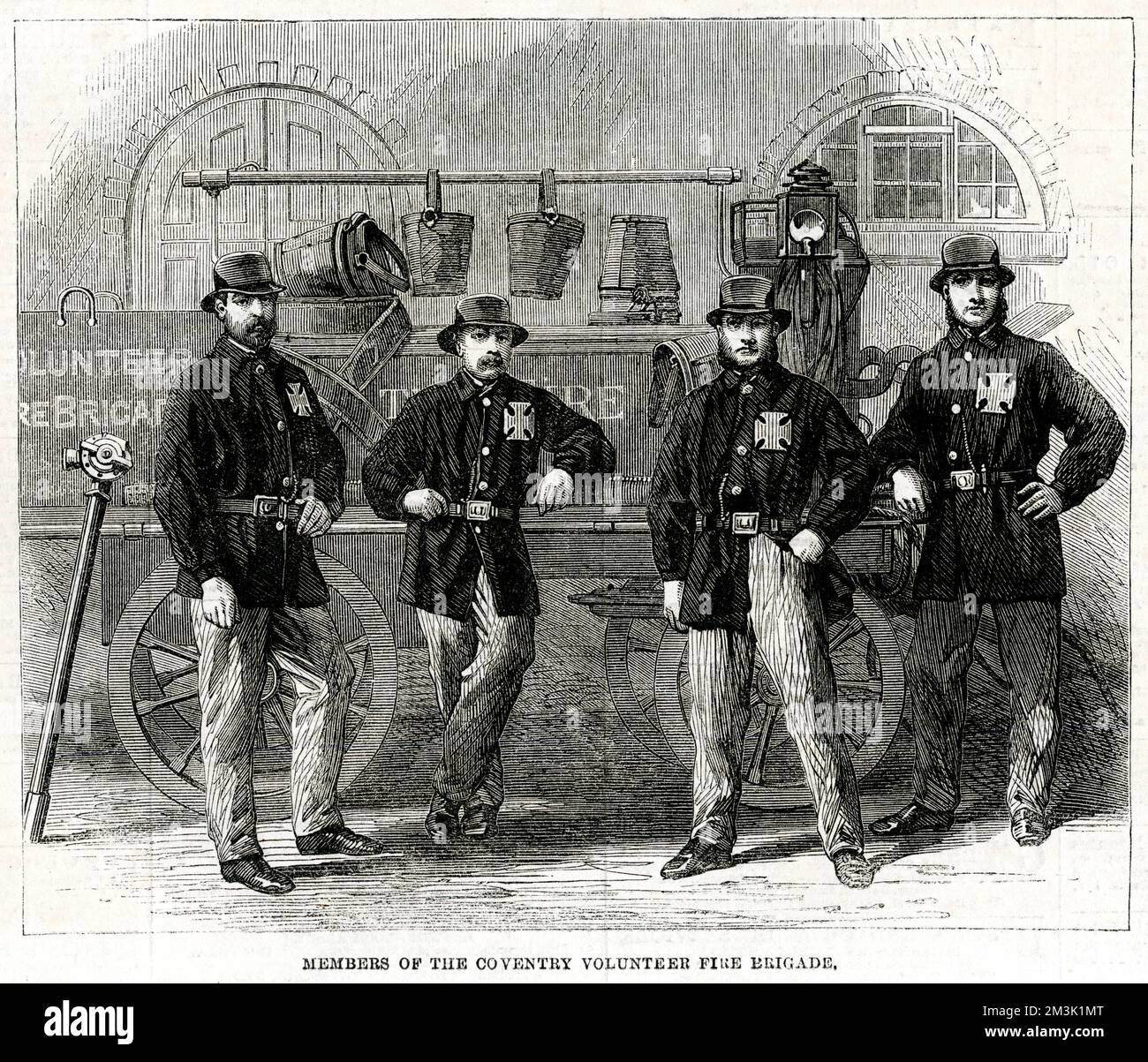 Four members of the Coventry Volunteer Fire Brigade, standing beside their fire engine.     Date: 1862 Stock Photo