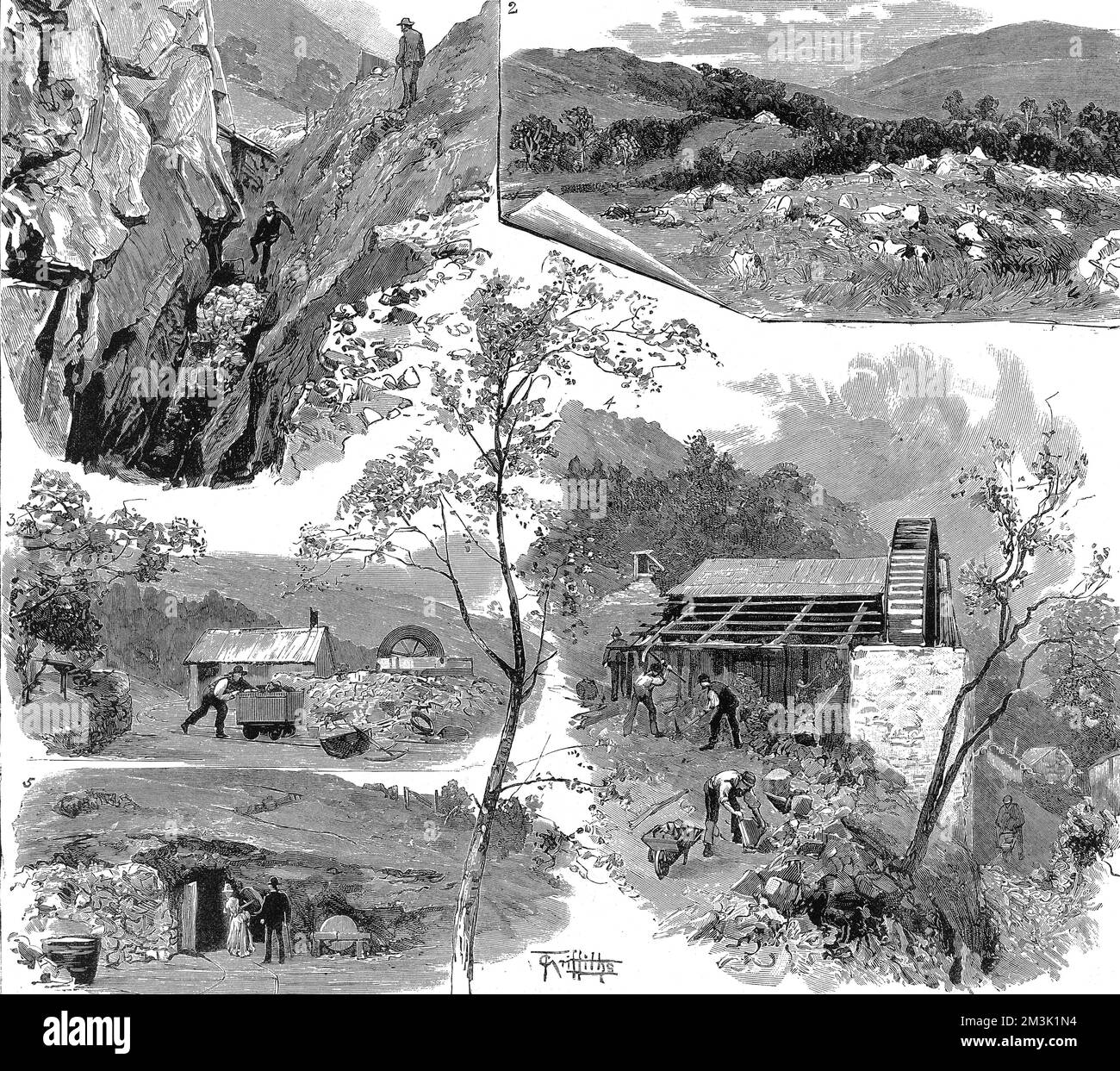 Several views of the gold mining taking place at Gwynfynnydd, near Dolgelly in North Wales, during 1888.  1888 Stock Photo