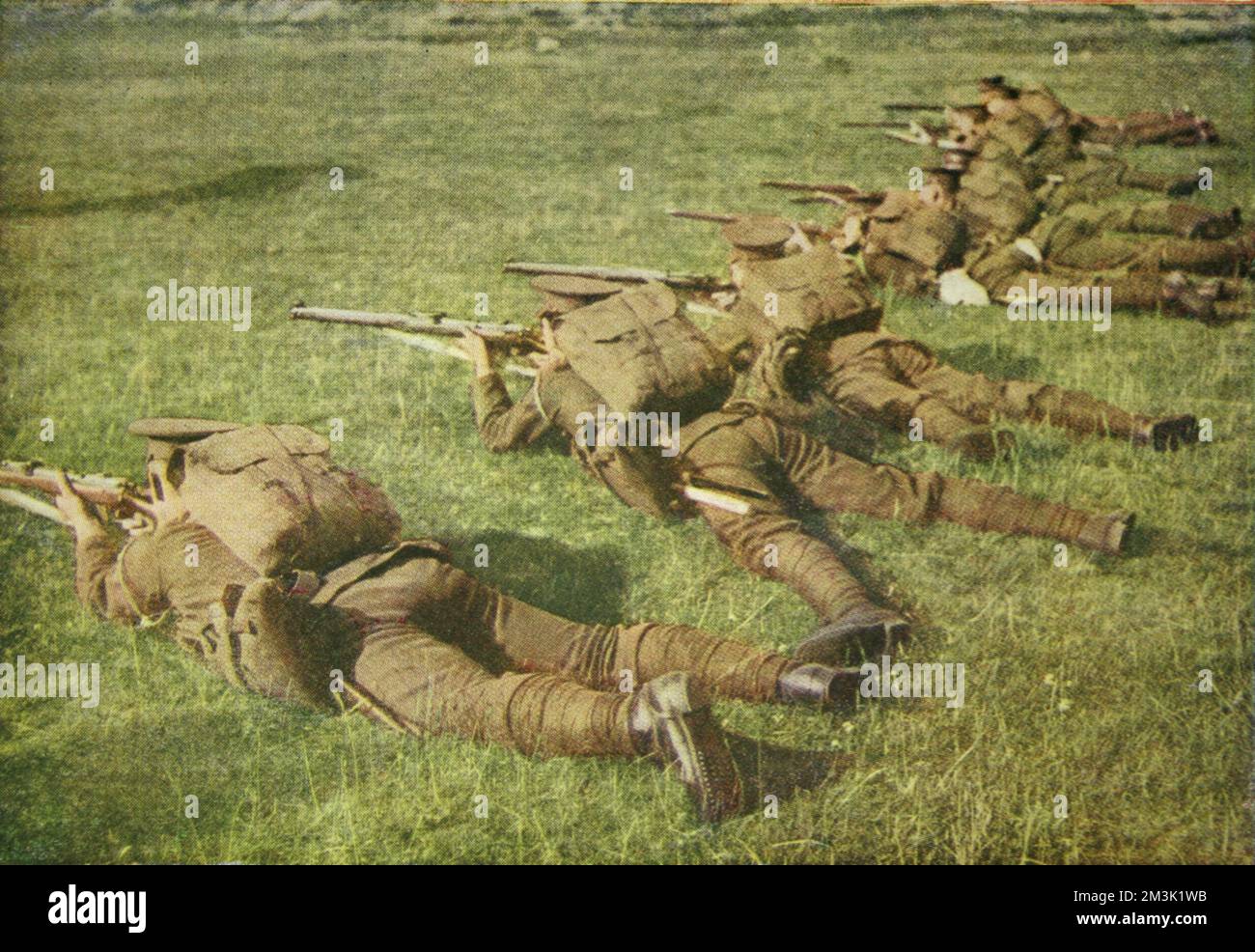 Royal Welsh Fusiliers during an exercise. The colour image was published by the Illustrated London News to demonstrate how the British army's khaki uniforms appeared against a European landscape.     Date: 1916 Stock Photo