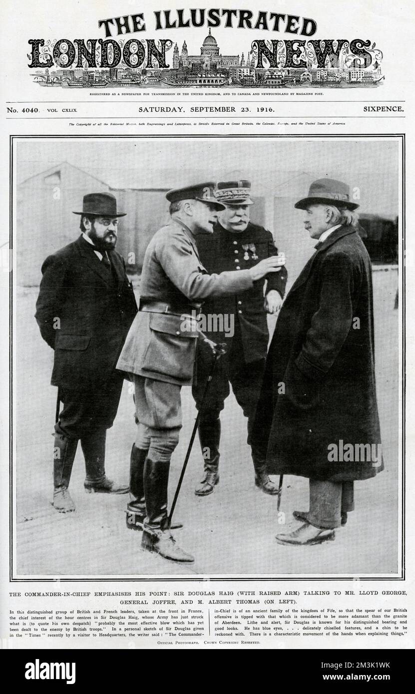 Meeting between political and military leaders of the Allies in France, 1916. The group includes Field Marshal Sir Douglas Haig (1861-1928), Commander-in-Chief of the British army and General Joseph Joffre (1852-1931), Commander of the French army. Also pictured are the British Secretary for War and later Prime Minister David Lloyd George (1863-1945) with the French Minister of Munitions, Albert Thomas.     Date: 1916 Stock Photo