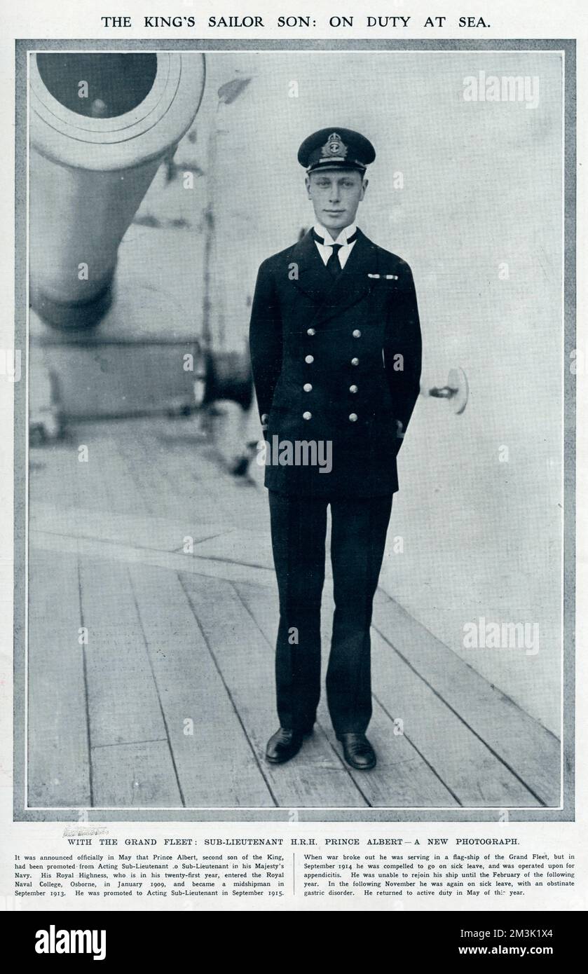 Prince Albert (1895 - 1952), second son of King George V and father of Queen Elizabeth II, taken during his service in the Royal Navy in the First World War. After the war he married Lady Elizabeth Bowes-Lyon and on the abdication of his brother King Edward VIII ascended the throne in 1936. As King George VI he ruled until his death in 1952.     Date: 1916 Stock Photo