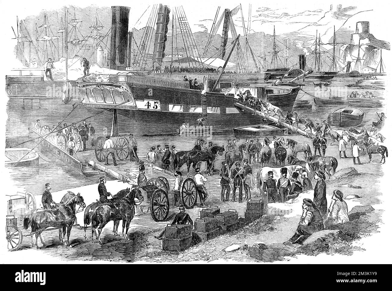 British troops, horses and gun carriages being loaded onto the ship 'Argo' for the journey back to England at the conclusion of the Crimean War.  1856 Stock Photo