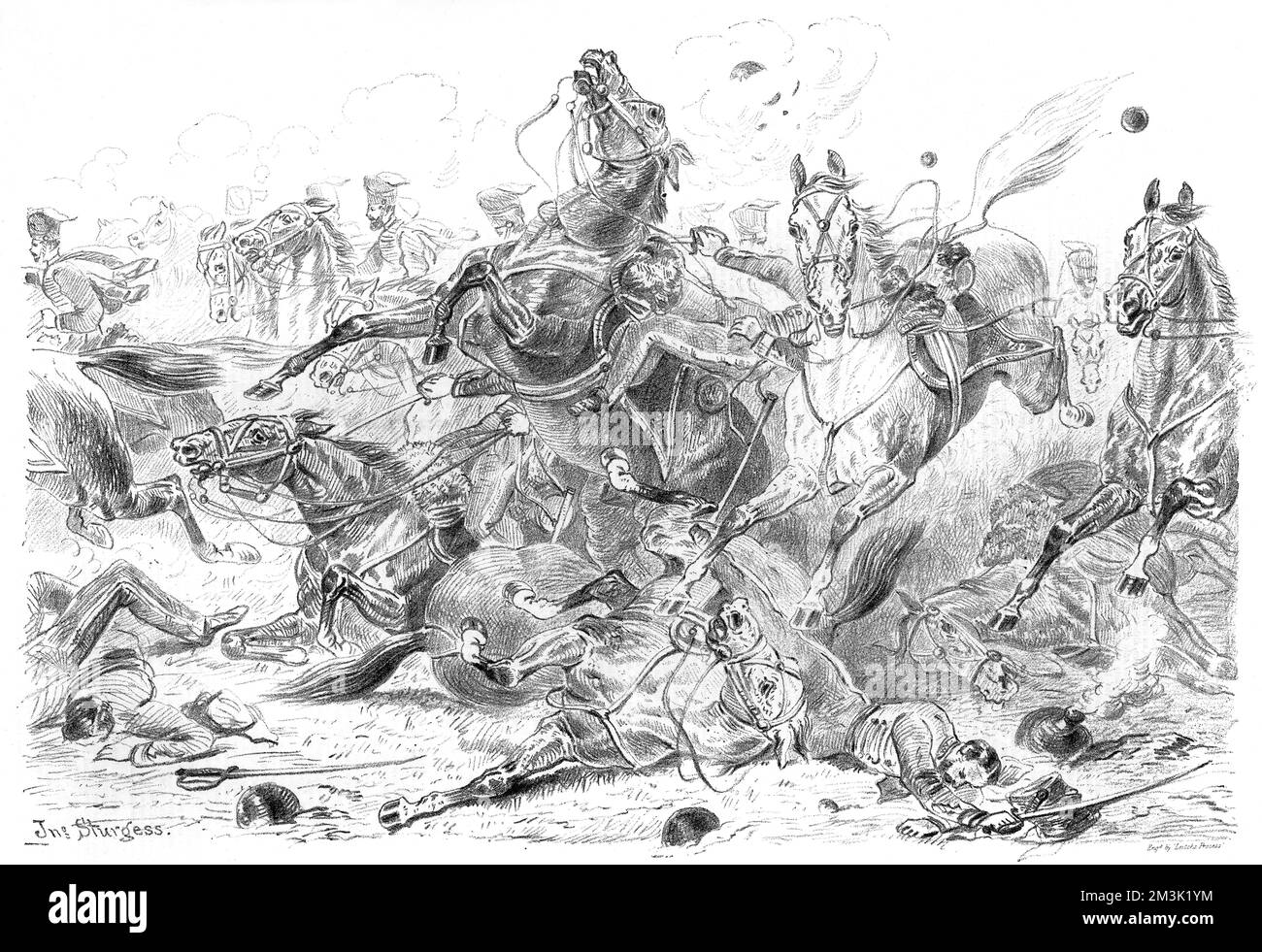 Dramatic process-litho of the charge of the Light Brigade during the Battle of Balaklava, Crimean War focusing on the horses, made 20 years after the event.   This image was originally entitled 'While Horse and Hero Fell'.  1875 Stock Photo