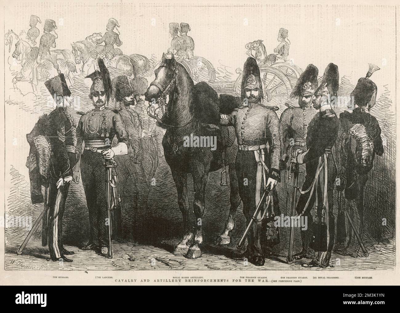 Officers of the 8th Hussars, 17th Lancers, Royal Horse Artillery, 5th Dragoon Guards, 4th Dragoon Guards, 1st Royal Dragoons and 11th Hussars in their dress uniforms, with plumed helmets, 1854.   At the time, these units were heading, as reinforcements, for the Crimea.  1855 Stock Photo