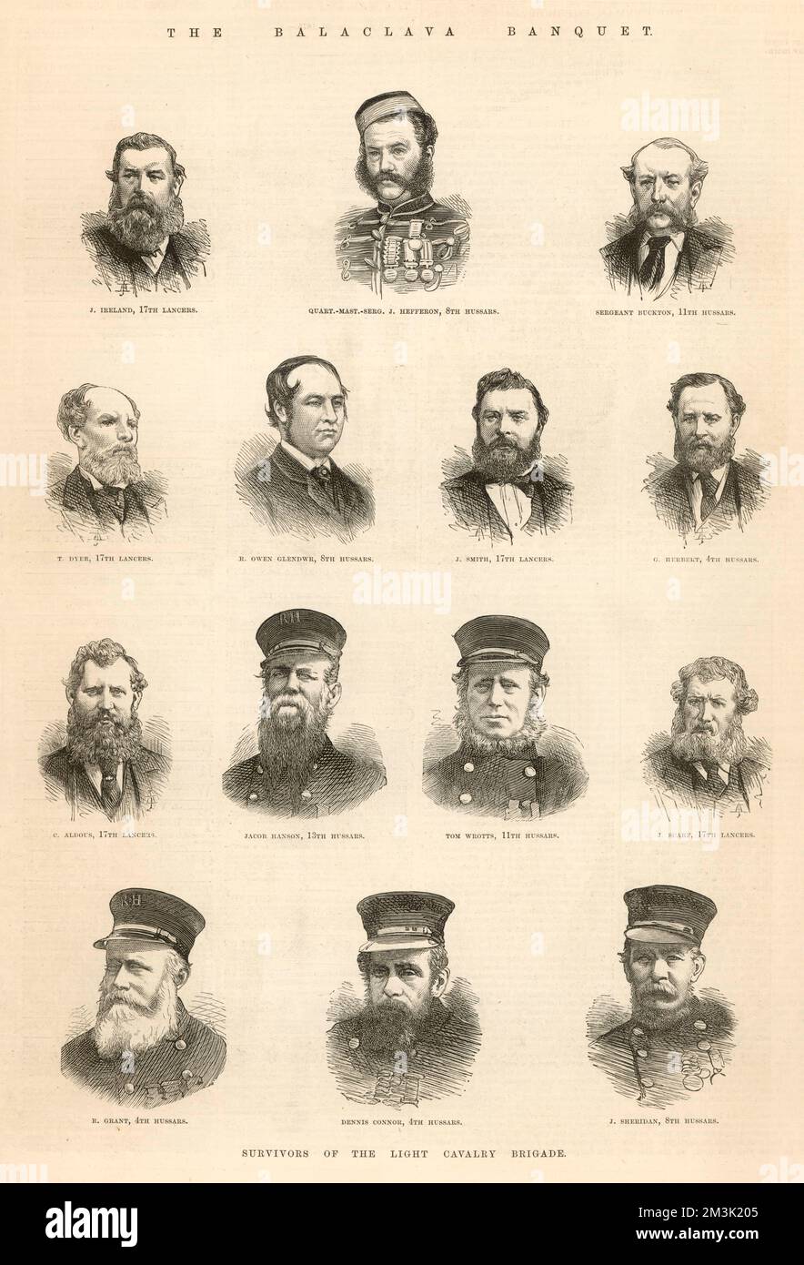 Series of engraved portraits showing the surviving British participants of the Charge of the Light Brigade of the Battle of Balaclave, Crimean War, pictured in 1875.    The men shown are: J Ireland, 17th Lancers; Quarter-Master Sergeant Jefferson, 8th Hussars; Sergeant Buckton, 11th Hussars; T Dyer, 17th Lancers; R Owen Glendwr, 8th Hussars; J Smith, 17th Lancers; JH Herbert, 4th Hussars; C Aldous, 17th Lancers; Jacob Hanson, 13th Hussars; Tom Wrotts, 11th Hussars; J Scarf, 17th Lancers; R Grant, 4th Hussars; Dennis Connor, 4th Hussars; J Sheridan, 8th Hussars.     Date: 1875 Stock Photo