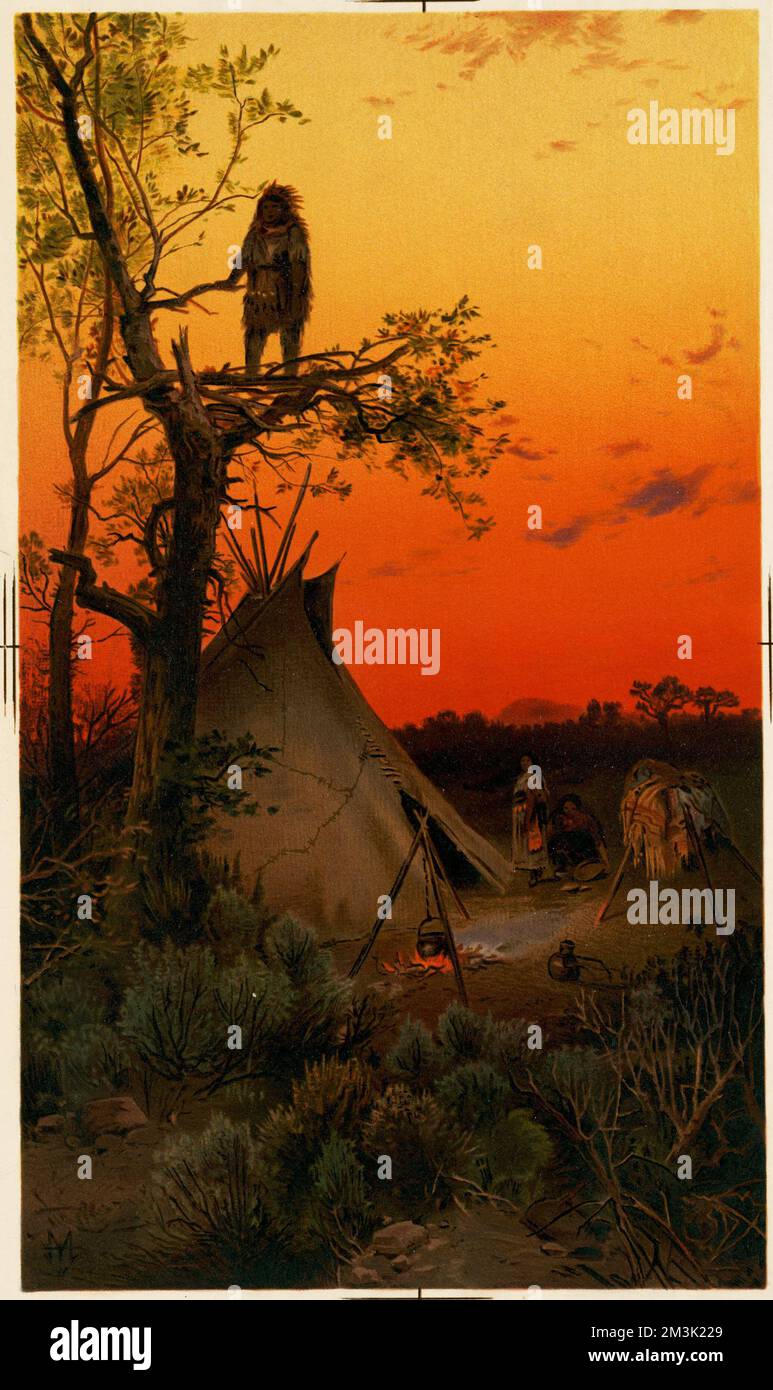 On the lookout -- a Ute camp, Utah. (1881) , Tipis, Trees, Sunrises & sunsets, Ute Indians. Louis Prang & Company Collection Stock Photo