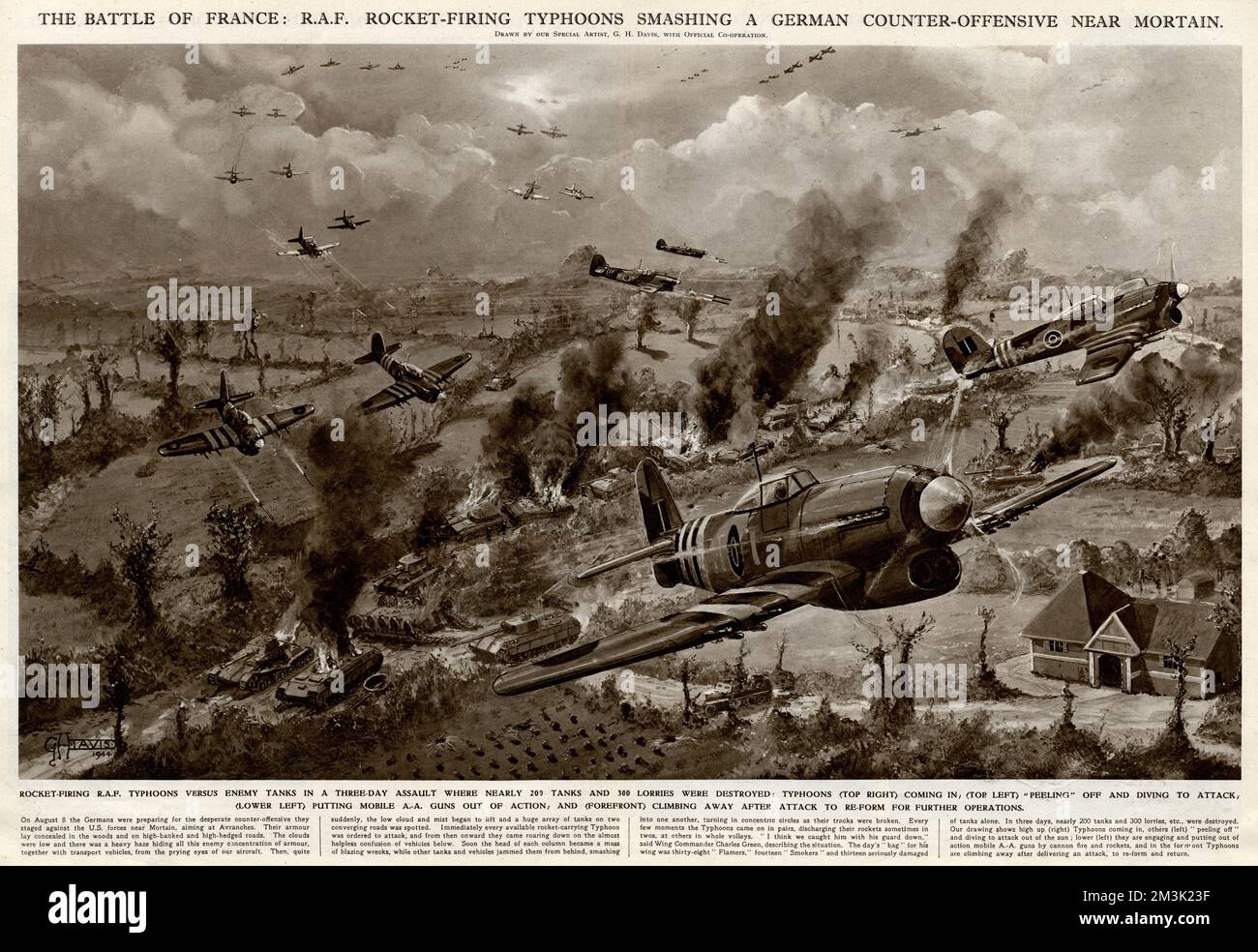 The Battle of France.  Royal Air Force Typhoons, fighter-bombers equipped with rockets, attacking a column of German tanks near Mortain, France, during the Second World War.  German tanks and armoured vehicles had been massing in this area for a large scale counter-attack on American positions and low cloud had concealed their intentions from the Allied air force.  However on 8 August, the clouds broke and two large German columns, consisting of several hundred vehicles, were seen and attacked by British aeroplanes.  1944 Stock Photo
