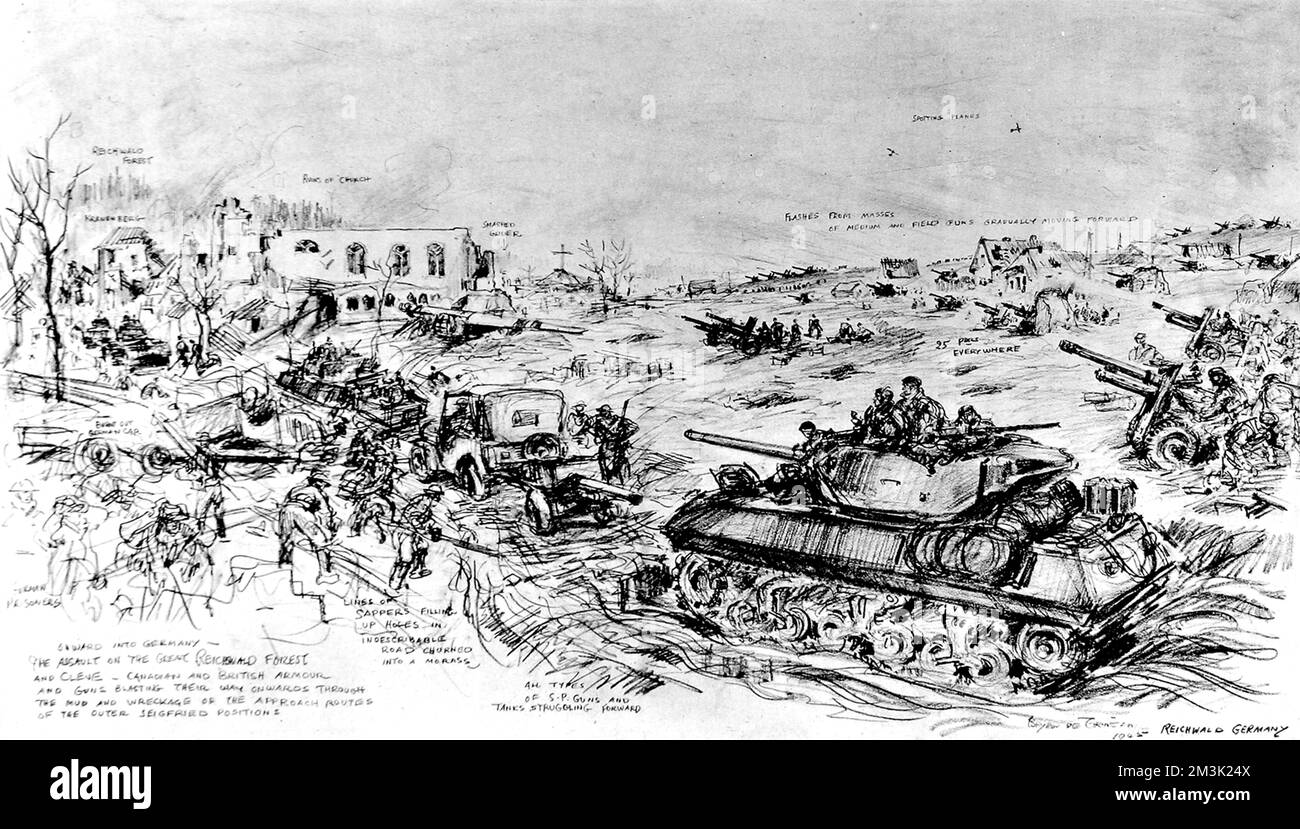 Sketch showing Allied tanks heading into the Reichswald forest, via Kranenberg, during the assault on Germany in 1945.  On the right of the image, a large group of 25-pounder artillery guns can be seen firing at German positions.    This drawing was made by the Illustrated London New's war artist, Captain Bryan de Grineau, when he was stationed with British troops in Germany.     Date: 1945 Stock Photo