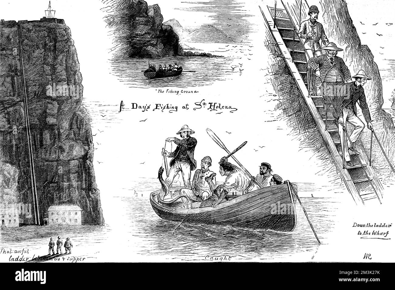 A number of scenes on St. Helena and during a fishing trip off the island. The centre image shows one of the European fishermen hauling in an eel, creating a certain amount of chaos in the boat. The images on left and right show the steps up the cliff at St. Helena.  1877 Stock Photo