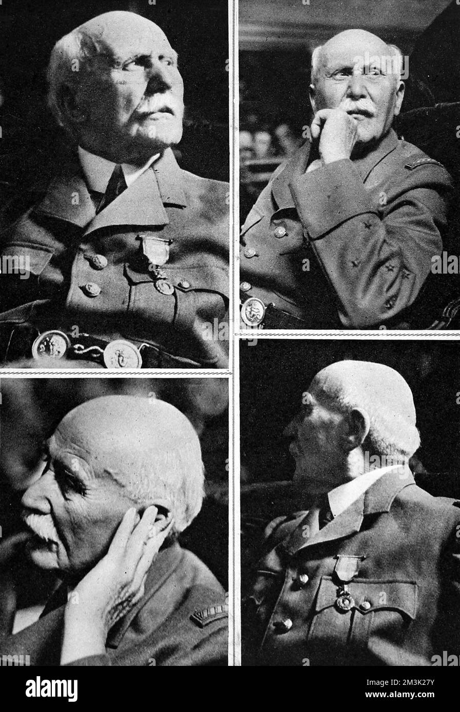 Series of photographs showing (Henri) Philippe (Omer) Petain (1856-1951), the French soldier and statesman, pictured whilst on trial for treason in July 1945.      Marshal Petain was a French national hero in World War I, but during the Second World War was the leader of the Vichy administration which led, with the Nazi defeat, to his trial for treason.  He was convicted and died in prison on the Ile d'Yeu.     Date: 1945 Stock Photo