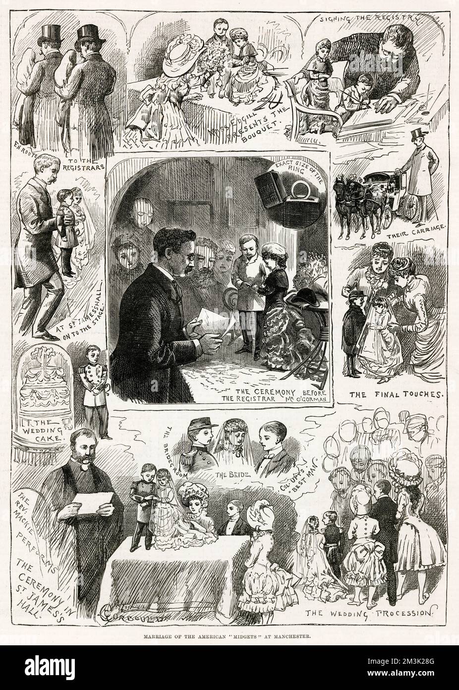 Series of scenes from the marriage of 'General Mite', real name Francis Joseph Flynn, and Miss Millie Edwards held at St. James Hall, Manchester. Flynn and Edwards were midgets, respectively 22 inches and 19 and a half inches tall, who toured America and Europe as showmen.  1884 Stock Photo