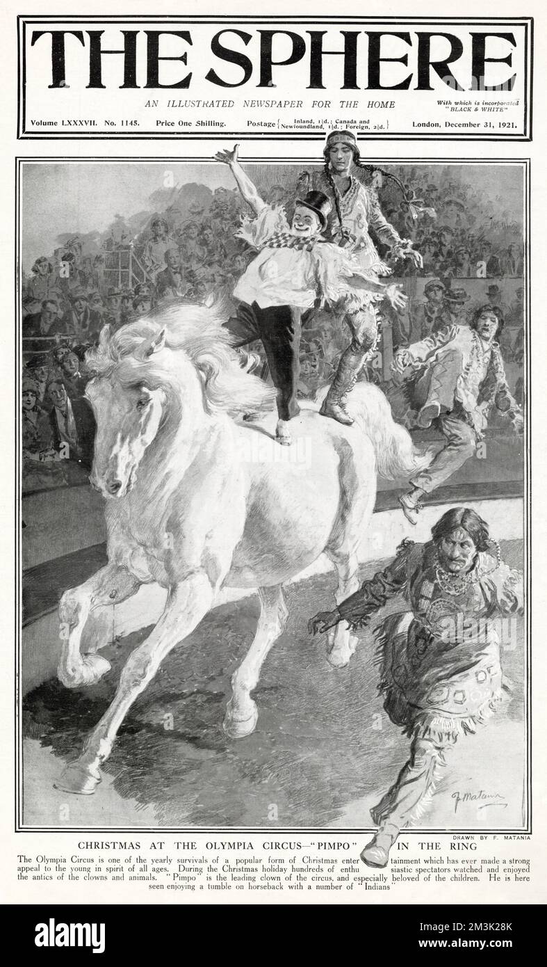 'Pimpo' the clown and three 'Red Indians' performing horseback stunts in the ring of the Olympia Circus. Stock Photo