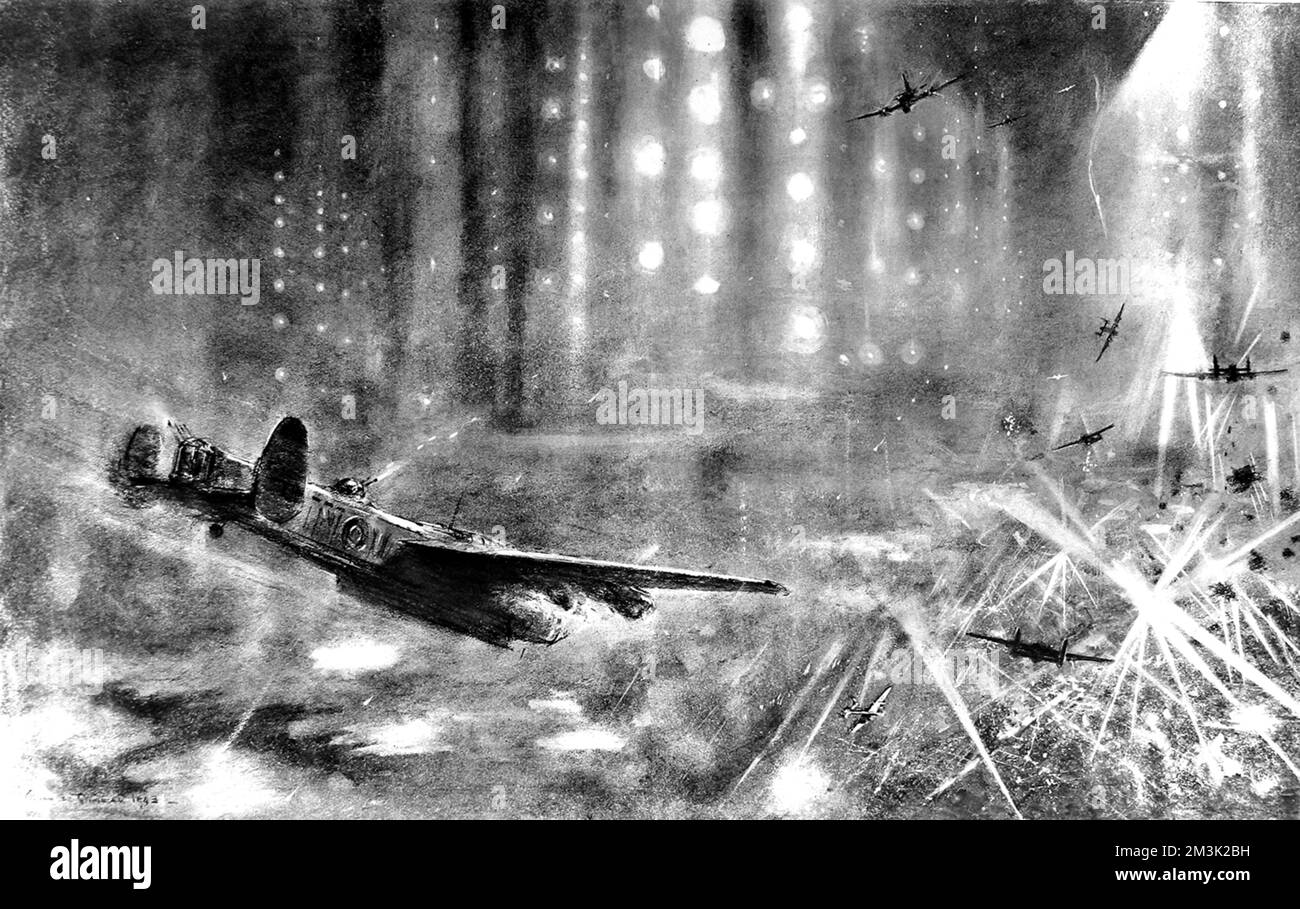 Royal Air Force 'Lancaster' heavy bombers heading towards their target of Berlin, during the Autumn of 1943.  The bombers can be seen at left and centre, flying in various different directions as they attempt to escape the searchlight's glare from Berlin, bottom right. Three German night-fighters can be seen at the top of the image. The scene is illuminated by parachute flares (white spots) which were dropped by German airplanes to try to illuminate the British bombers and made it easier for the German fighters.  1943 Stock Photo