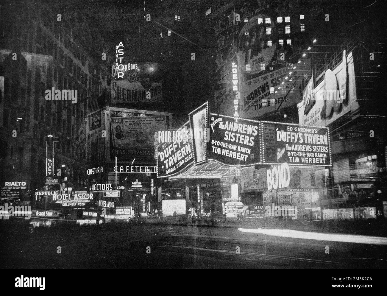 The lights of Broadway, New York, at night in 1945. After war-time austerity, these lights signalled an up-swing in American recreation.  This photograph is a double-exposure (or more) with several views of the Broadway superimposed and printed as one picture.     Date: 1945 Stock Photo