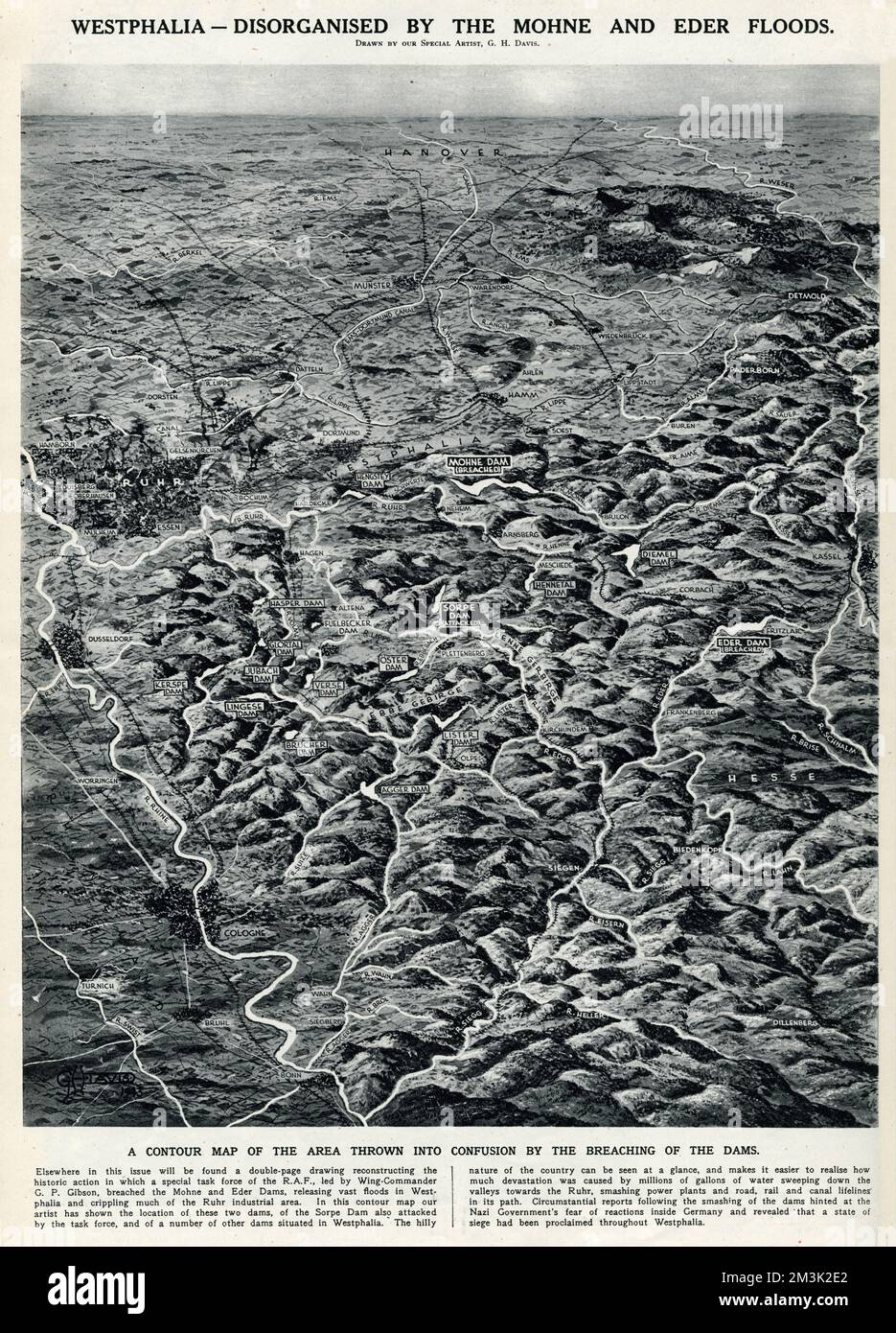 Contour map of the Westphalia region of Germany, with the positions of the Sorpe, Mohne and Eder Dams marked. These were the dams attacked by British RAF Lancaster bombers of 617 Squadron during the Dambuster Raid of 16 May 1943. The map shows how the area was affected by the breaching of the dams.      Date: 1943 Stock Photo