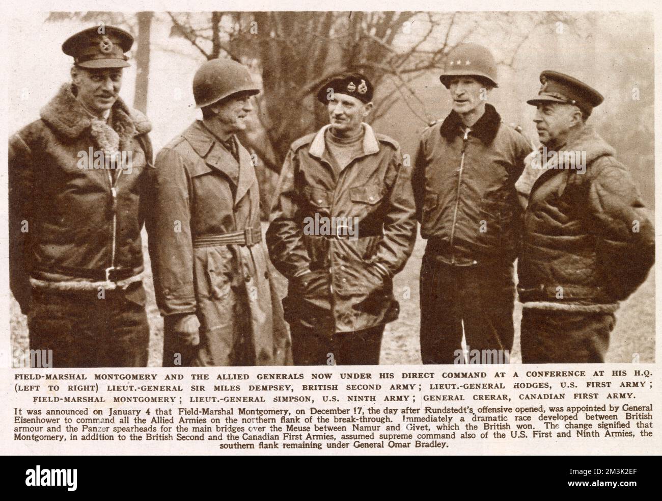 Photograph showing (left to right) Lieut-General Sir Miles Dempsey, British Second Army; Lieut-General Hodges, US First Army; Field-Marshal Montgomery; Lieut-General Simpson, US Ninth Army; General Crerar, Canadian First Army, 1945.   These generals were put under Montgomery's command during the fighting in the Ardennes in the winter of 1944-5. Stock Photo