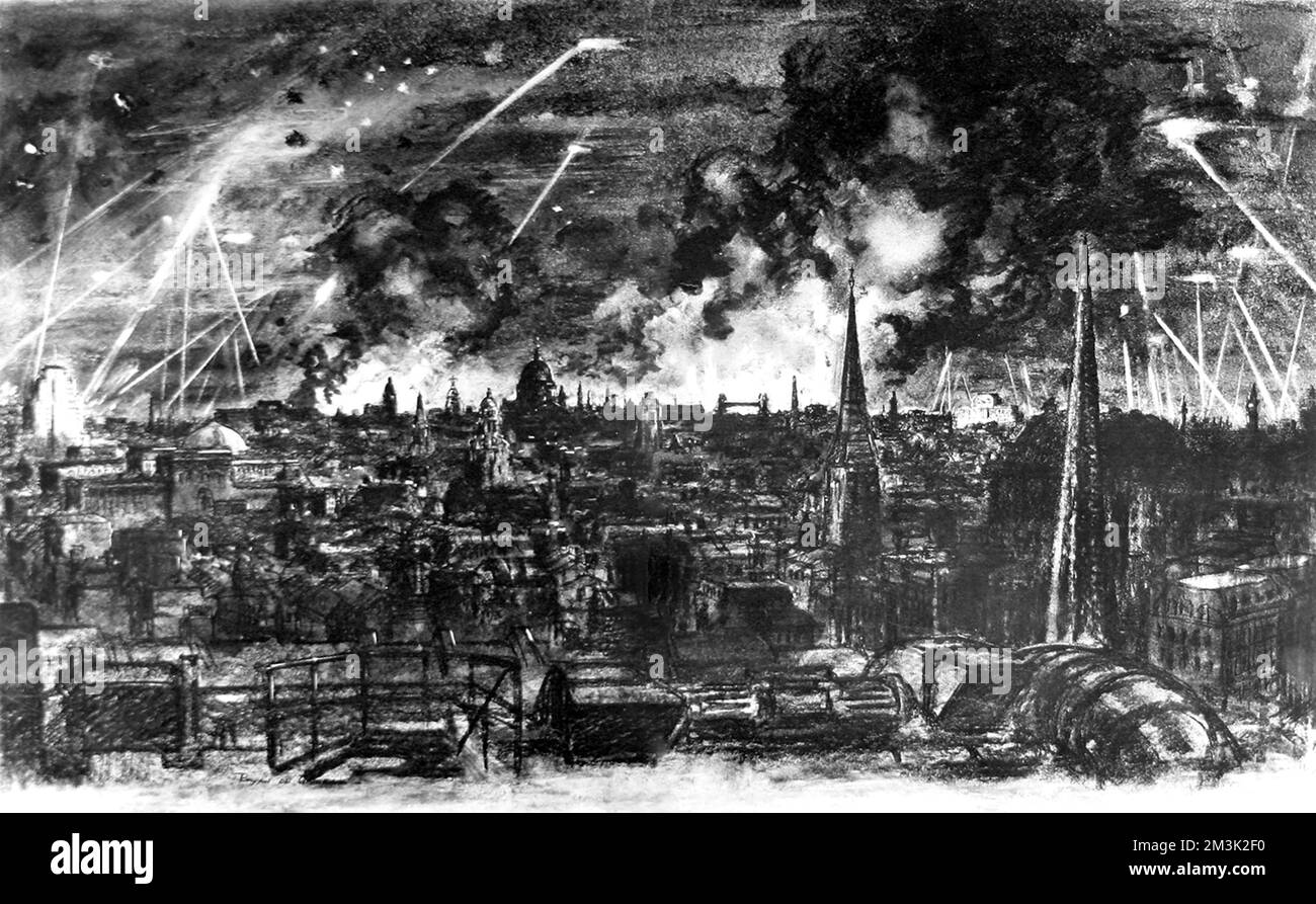 The skyline of London at night as the German Luftwaffe attacked the East of the city in September 1940. The glare of the fires in the East End of London is clearly evident.  This sketch was made on a roof-top somewhere in the west of the City of London, with the dome of St. Pauls Cathedral (centre left) and Tower Bridge (centre right) clearly visible on the skyline.     Date: September 1940 Stock Photo
