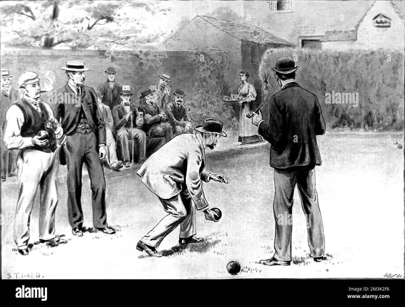 Game of bowls in progress in the garden of a suburban house, England