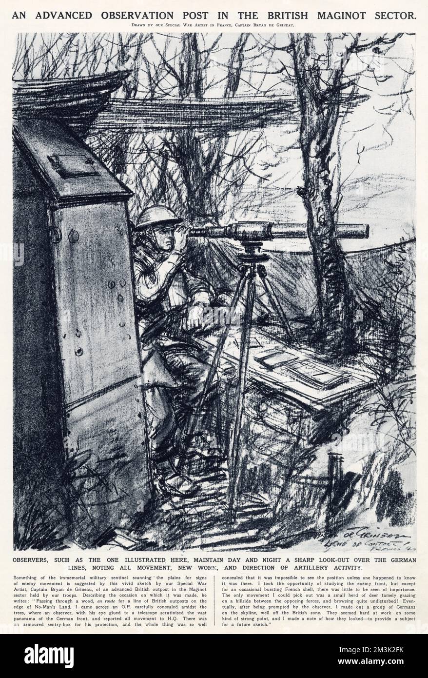 Drawing showing an advanced Observation Post in the British sector of the Maginot line, March 1940. This observer, using a telescope, was watching the German positions and noting all enemy movement and artillery activity. Stock Photo