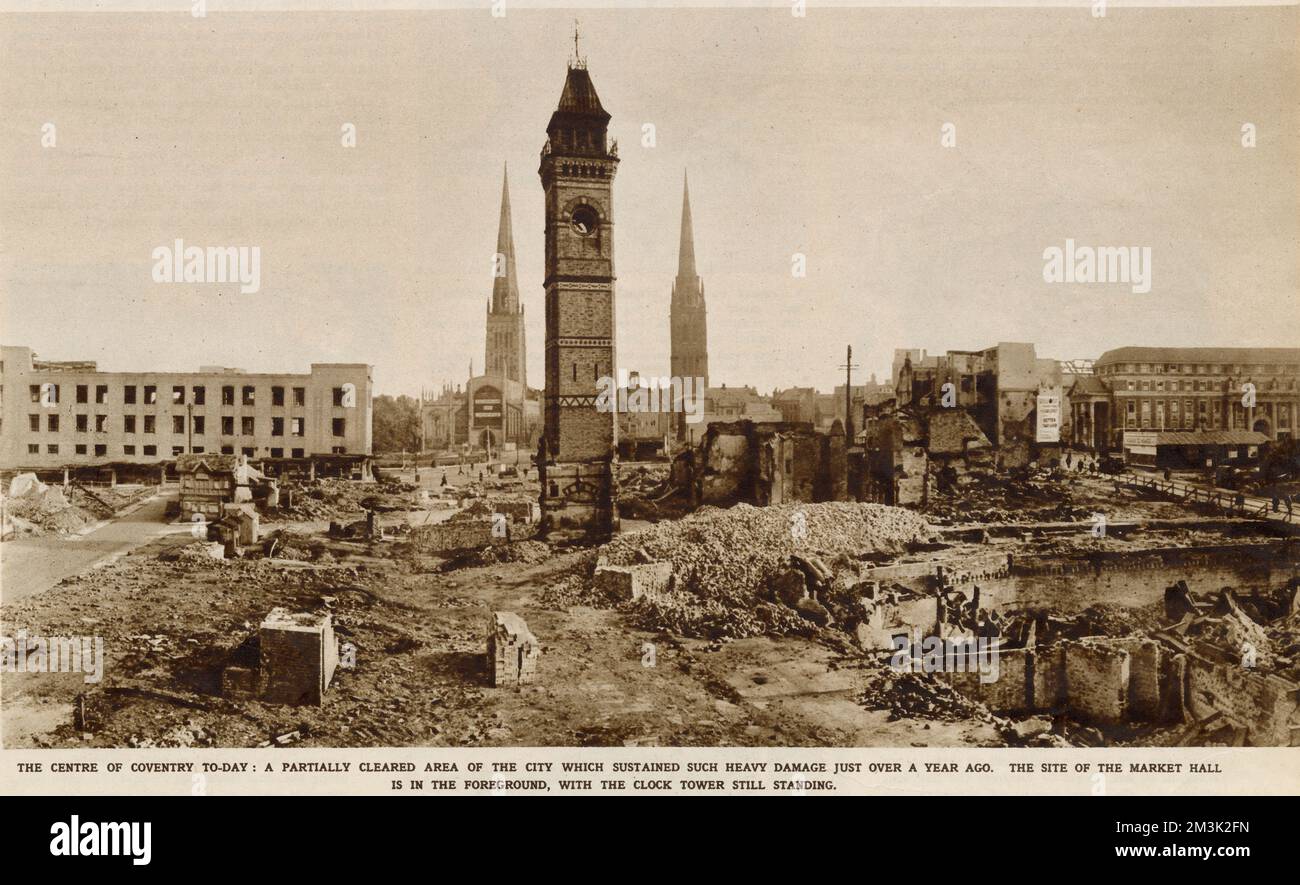 The centre of the city of Coventry, with the clock tower still standing but surrounded by debris. Coventry was heavily bombed during 1940 and much of the city centre, including the cathedral, was destroyed. Stock Photo