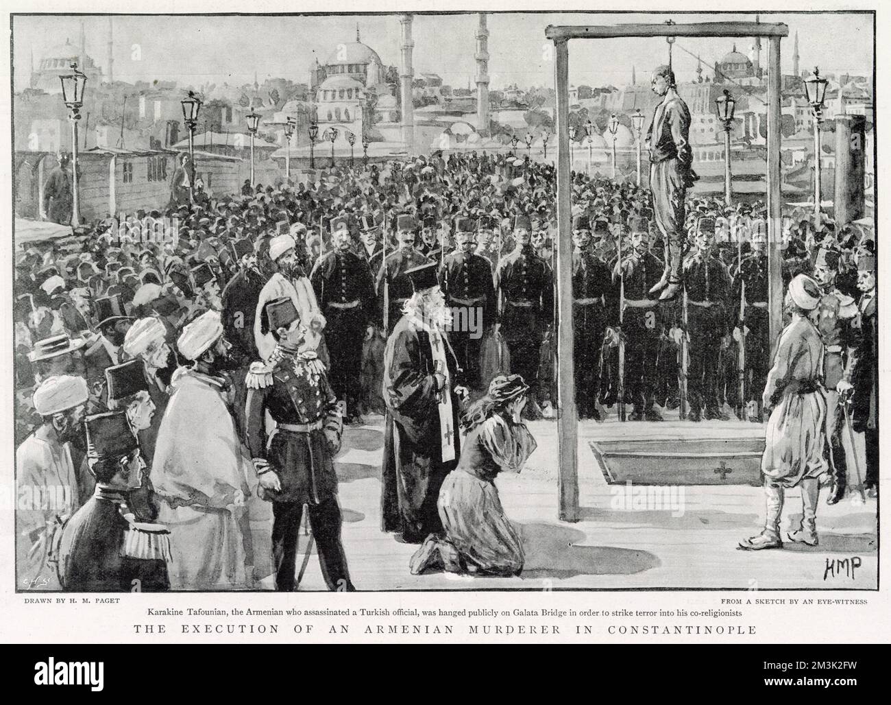 The public hanging of Karakine Tafounian, an Armenian who had killed a Turkish offical, on the Galata Bridge in Constantinople (now Istanbul). Stock Photo