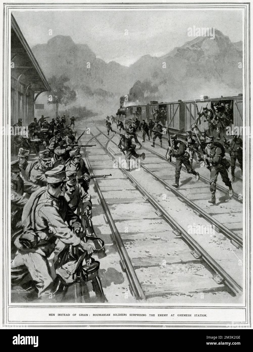 Surprise attack launched by Romanian troops on Ghemesh railway station in Austro-Hungaria, 1916. On the first day of hostilities between these two countries the Romanians asked that a Hungarian train might be fetched back from Romania. The Hungarians thought it would be full of grain and agreed, sending a steam engine to collect it. On its return to Austro-Hungaria the train stopped at Ghemesh station, only to reveal a large cargo of Romanian soldiers rather than grain - a modern day 'Trojan Horse'. Stock Photo