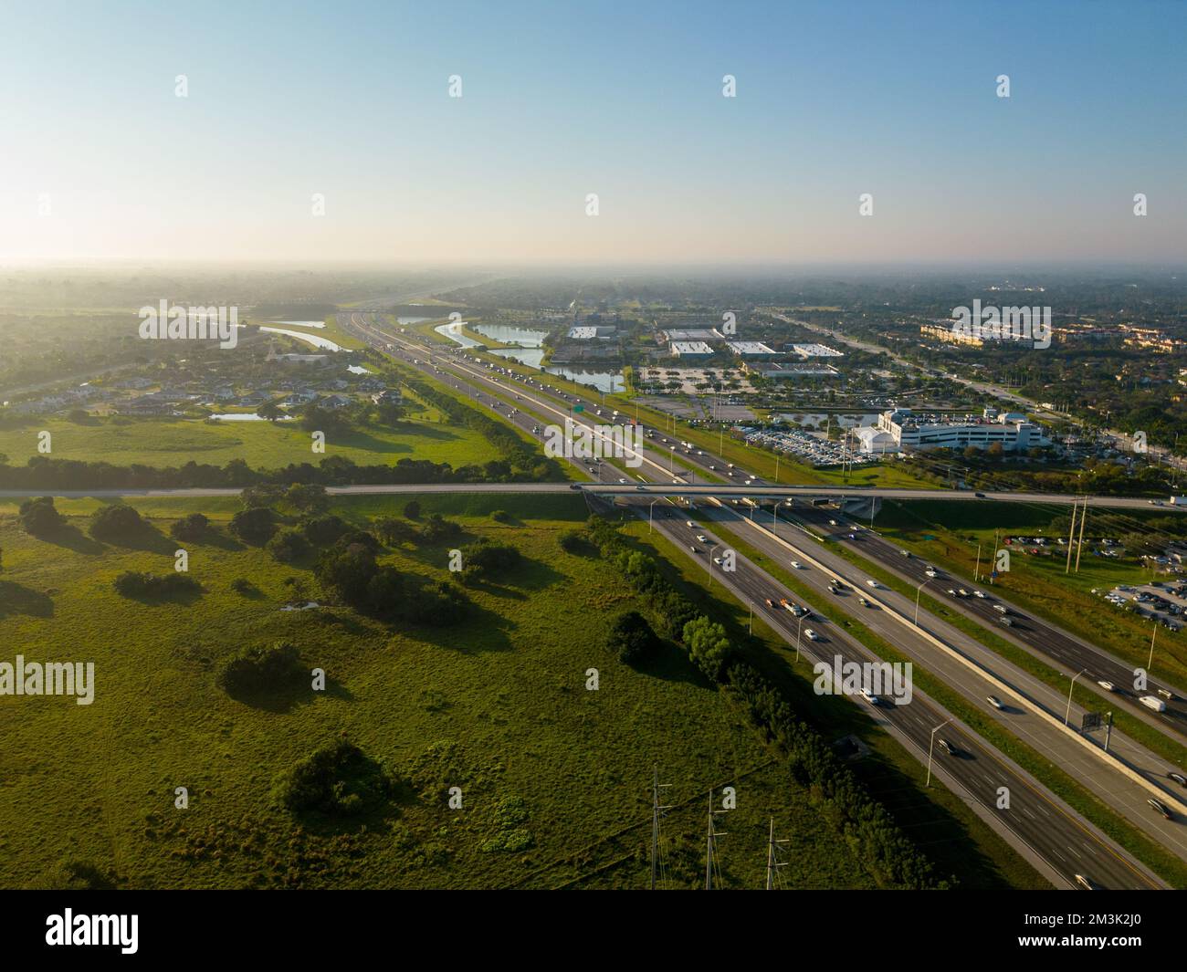 Aerial photo of morning fog over highway Stock Photo - Alamy
