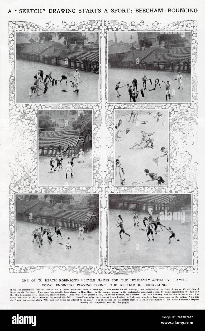 Members of the 25th and 40th Companies of the Royal Engineers playing the 'Bounce the Beecham' game invented by William Heath Robinson, Hong Kong, 1910.   At middle right of the images, is the original W.H. Robinson image of his game. Stock Photo